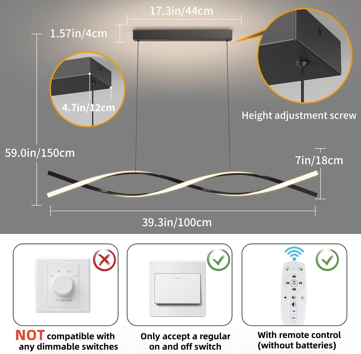 Zihoi Modern Pendant Light Fixture, 39in Aluminum LED Chandelier, Dimmable 3000K-6000K, B-Black, Model LX