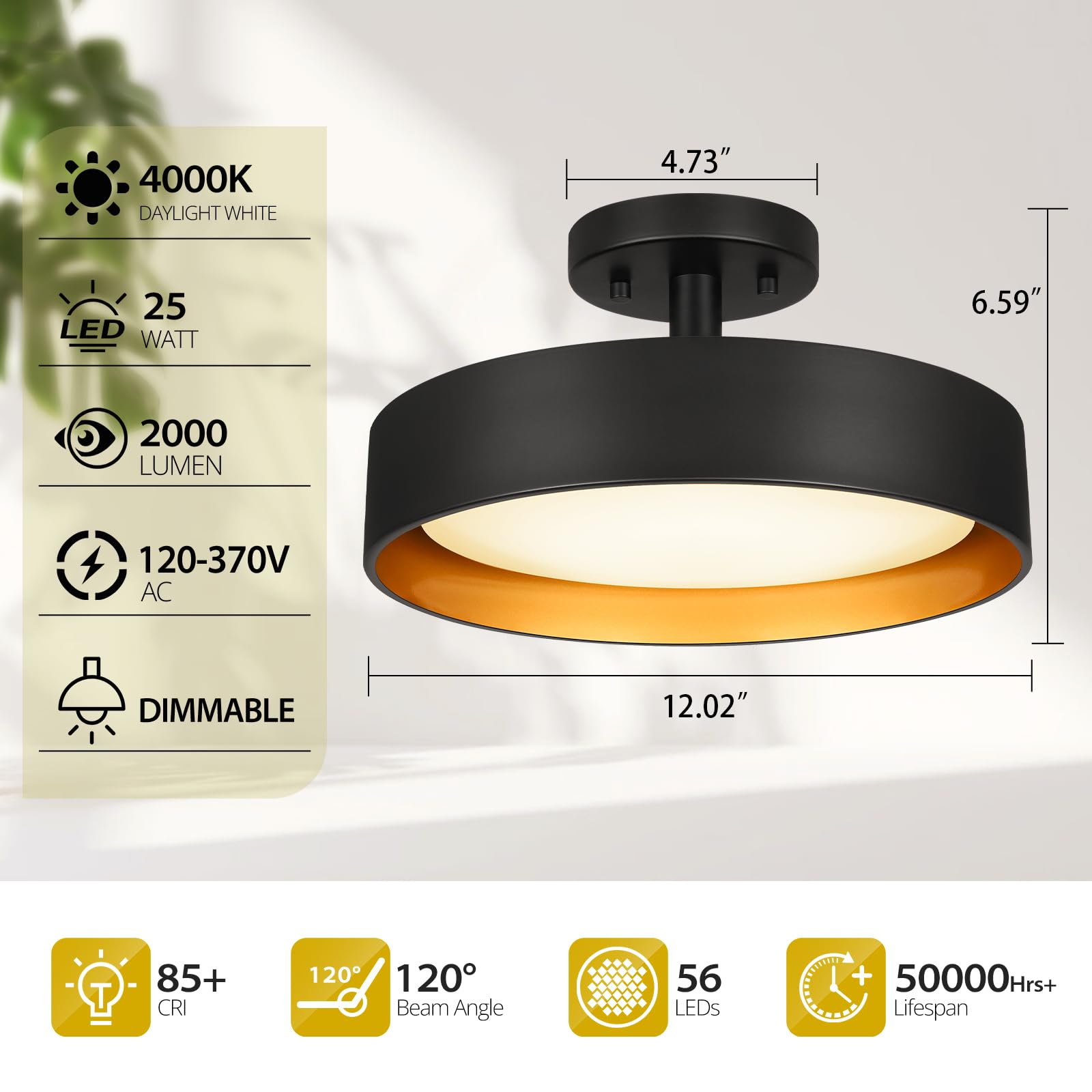 Sunrider Industrial Semi Flush Mount Led Ceiling Light Fixture, 12 Inch 25W 2000Lm, 4000K Neutral White, Dimmable Pendant Lamp F