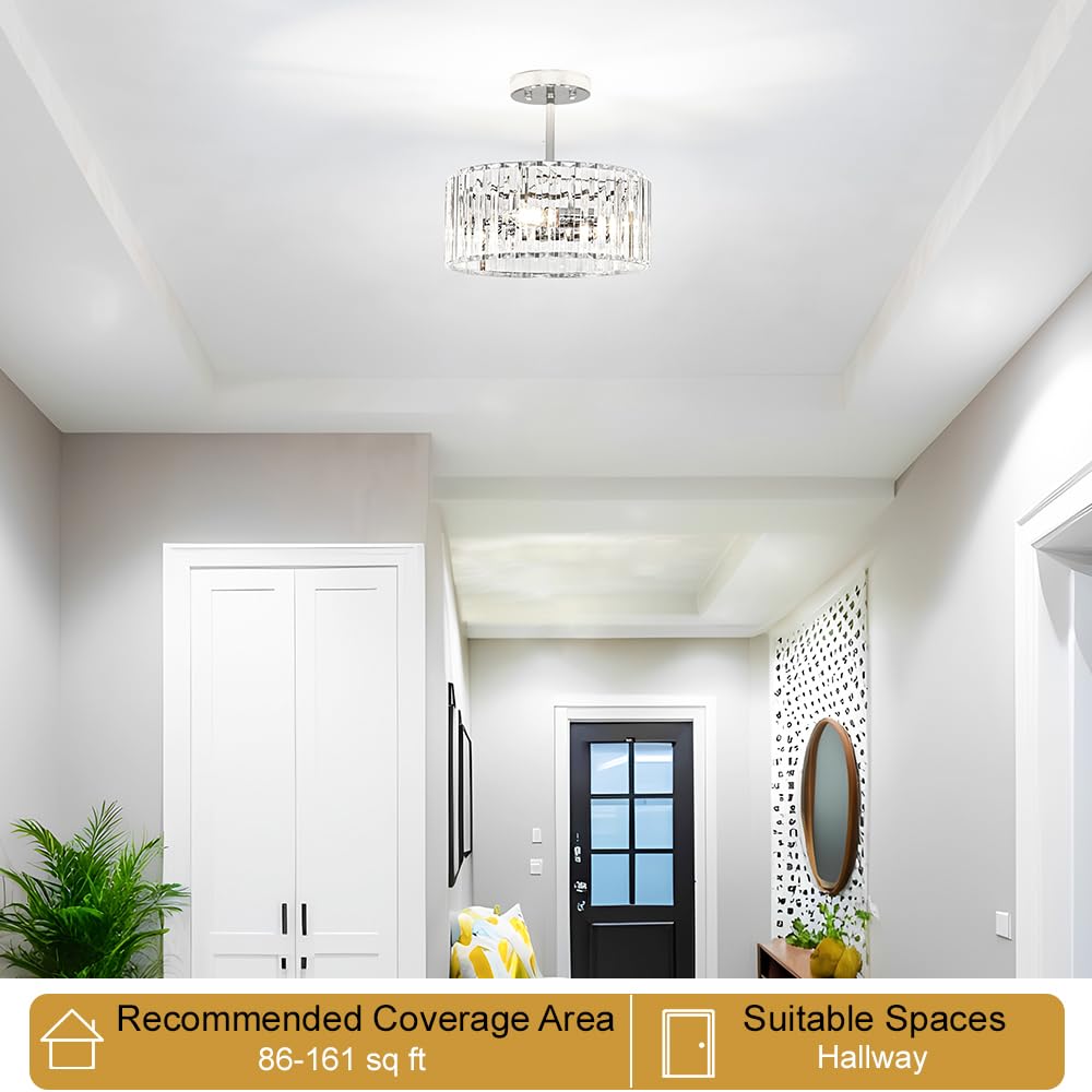 Lxybcce Modern Crystal Ceiling Light  Chrome Semi Flush Mount Ceiling Lighting Fixture  Hallway Light Fixtures Chandelier For Kitchen  Bedroom Dining Room Hallway Closet  3-Light  12 Inch