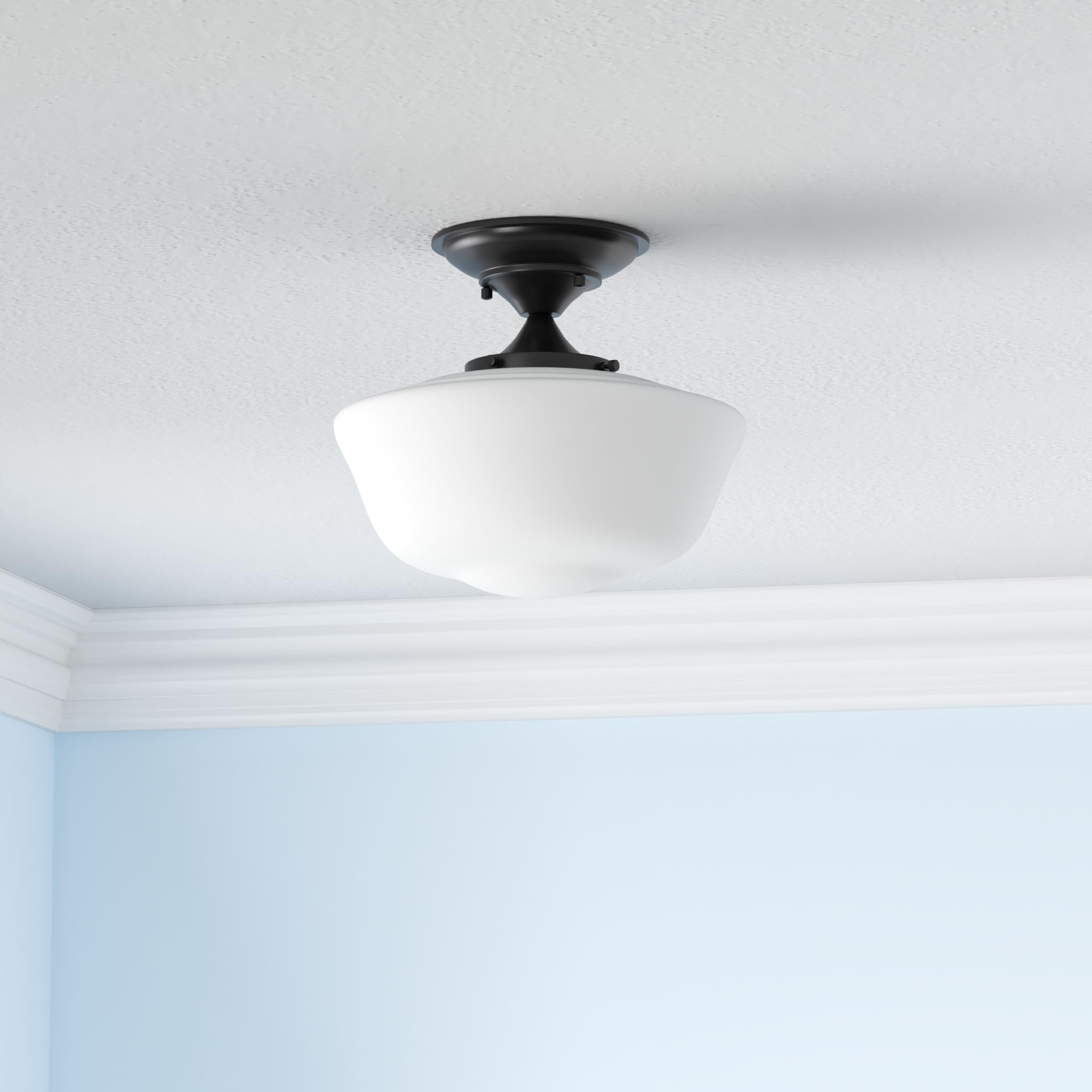 Regency Hill Floating Rustic Farmhouse Ceiling Light Semi Flush-Mount Fixture 12 1/4" Wide Black Opal White Glass Shade For Bedroom Kitchen Living Room Hallway Dining Bathroom Schoolhouse