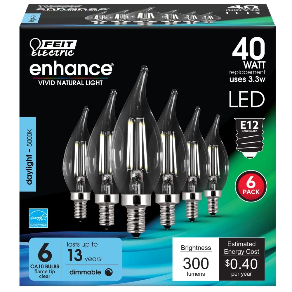 Feit Electric CA10 LED Light Bulb, Dimmable, 40W Equivalent, 5000K Daylight, Glass, 300 Lumens, 6-Pack