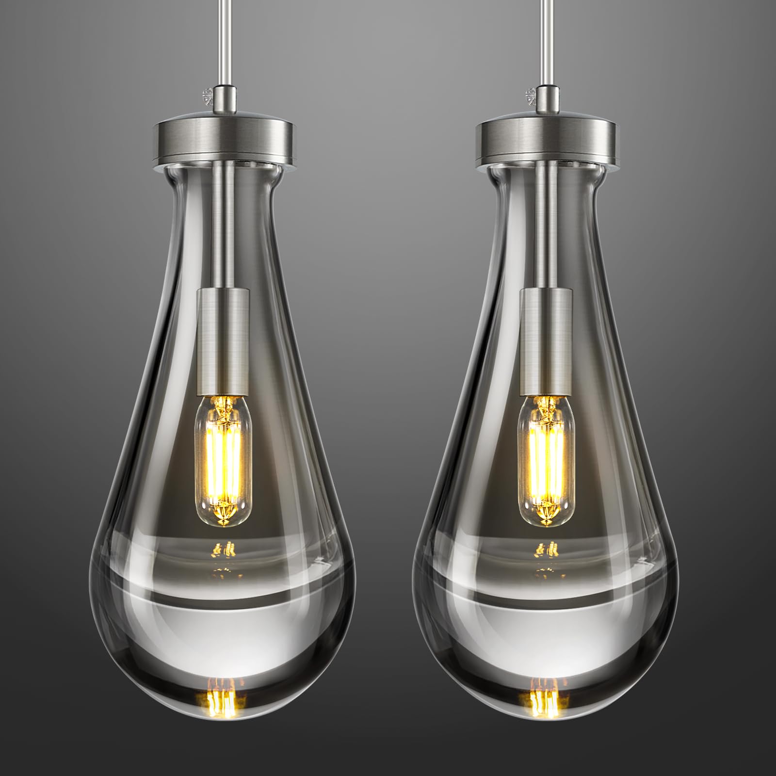 LIANGMH Raindrop Pendant Lights Kitchen Island Teardrop Nickel Hanging Light Fixtures Clear Solid Glass Pendant Light Modern Cha