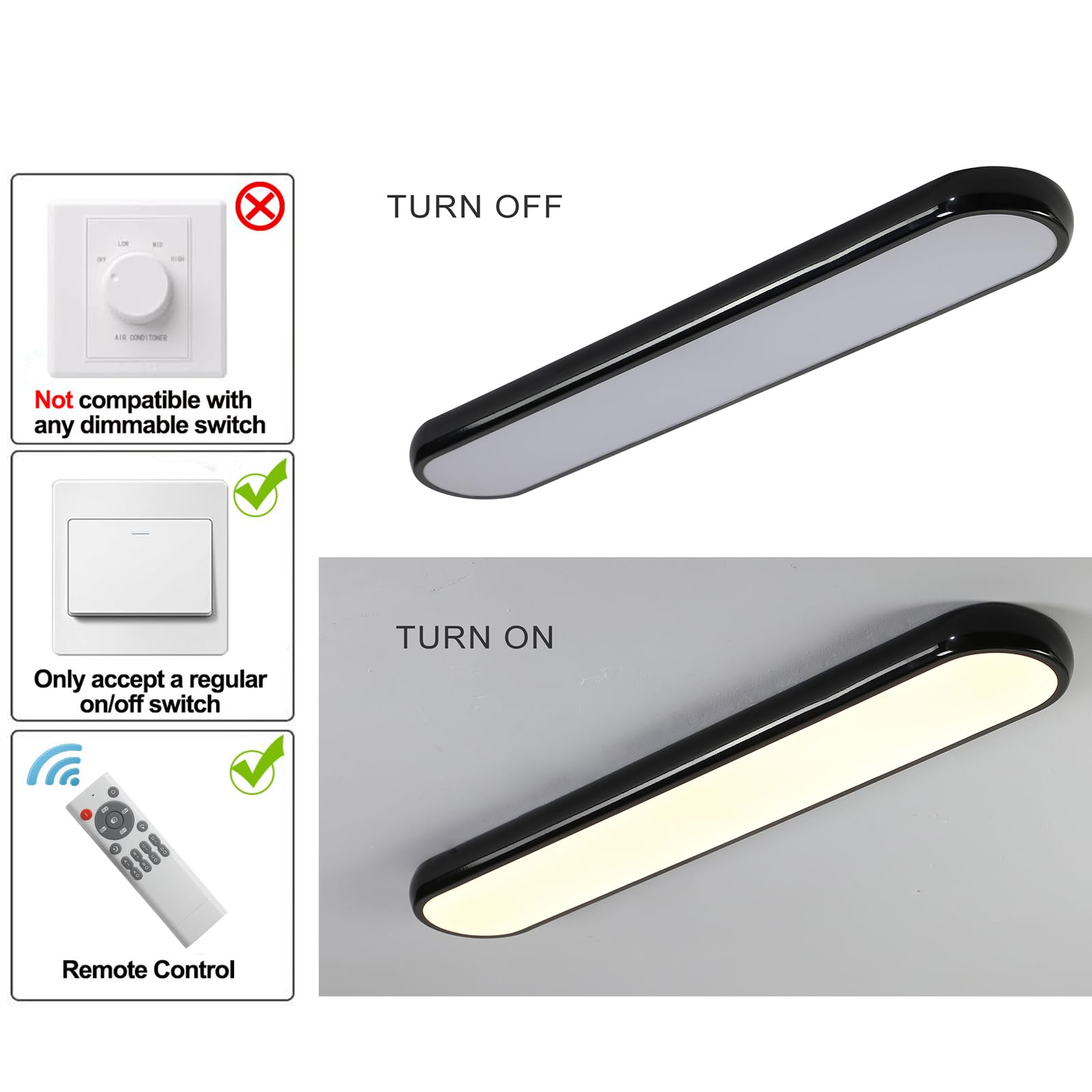 Qcyuui Modern Led Ceiling Light Dimmable Semi Flush Mount Ceiling Light 39.4 In Long Ceiling Light Fixture Kitchen Lighting Fixtures Ceiling For Office Bedroom Hallway(Black/48W/3000-6500K)