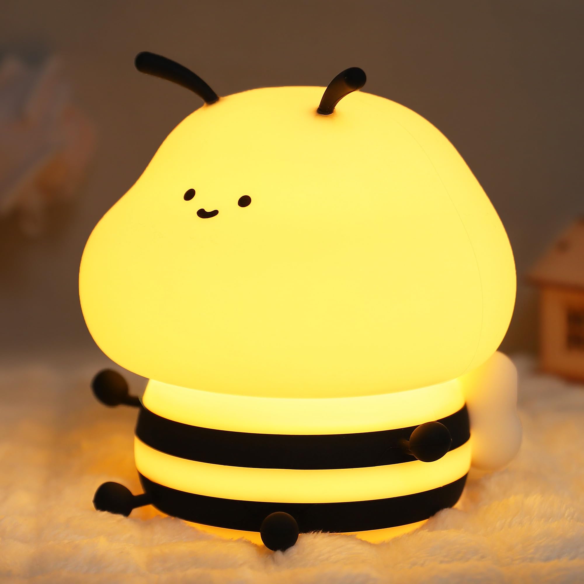 YuanDian Cute Bee Night Light for Kids, Nursery Night Lamp Kawaii Animal Bedside Nightlight with 7 Colors 3 Levels Dimmable Tap 