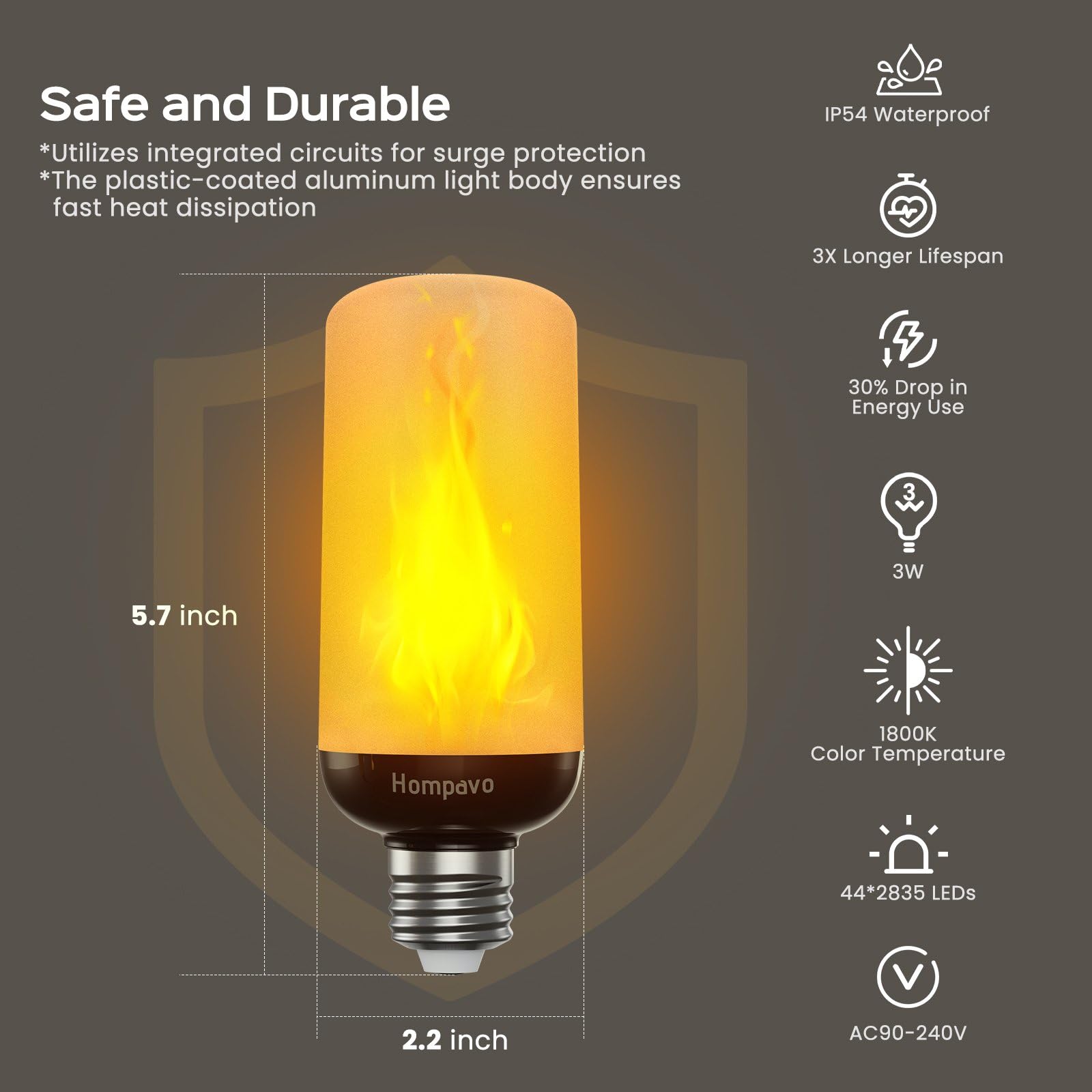 Hompavo Gen2 LED Flame Light Bulbs, 4-Mode Flickering Effect, E26, 2 Pack, PP Shell, Ideal for Halloween & Christmas Decorations