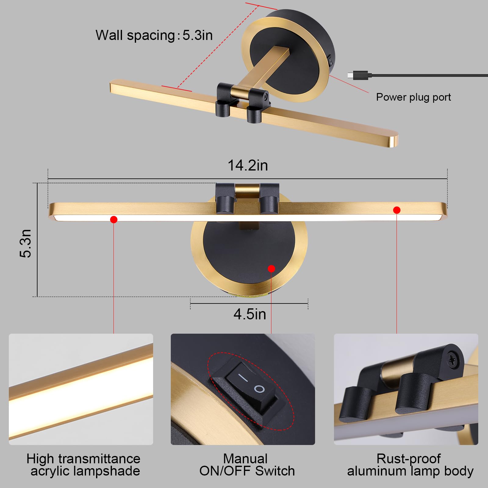 OPMRE Classic retro14.2 Black and Gold LED Wireless Remote Control Rechargeable Battery Powered Picture Light, All-Metal Multi-P