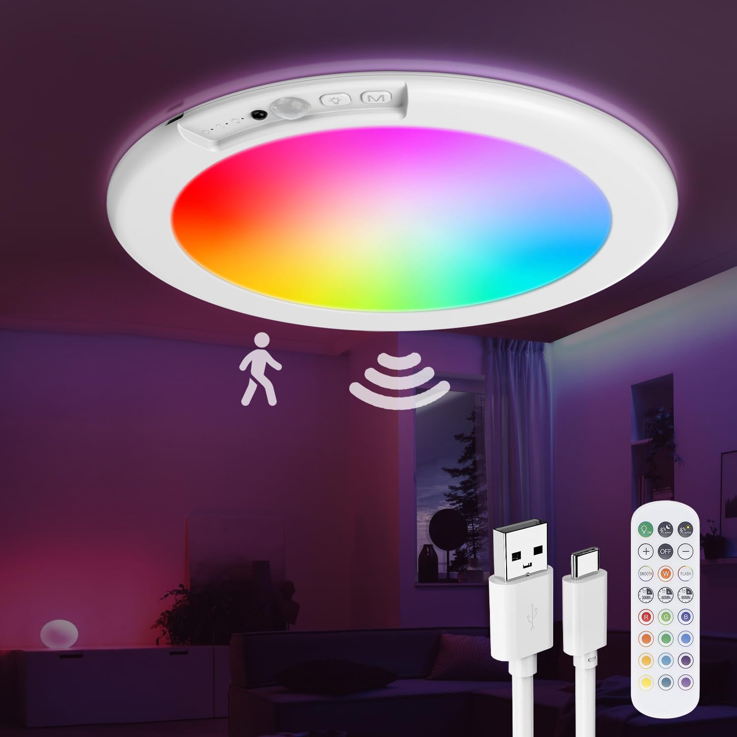 Ktpugorn Rechargeable Ceiling Light With Remote, Shower Lights For Inside Shower With Color Changing & White Lights, Motion Sens