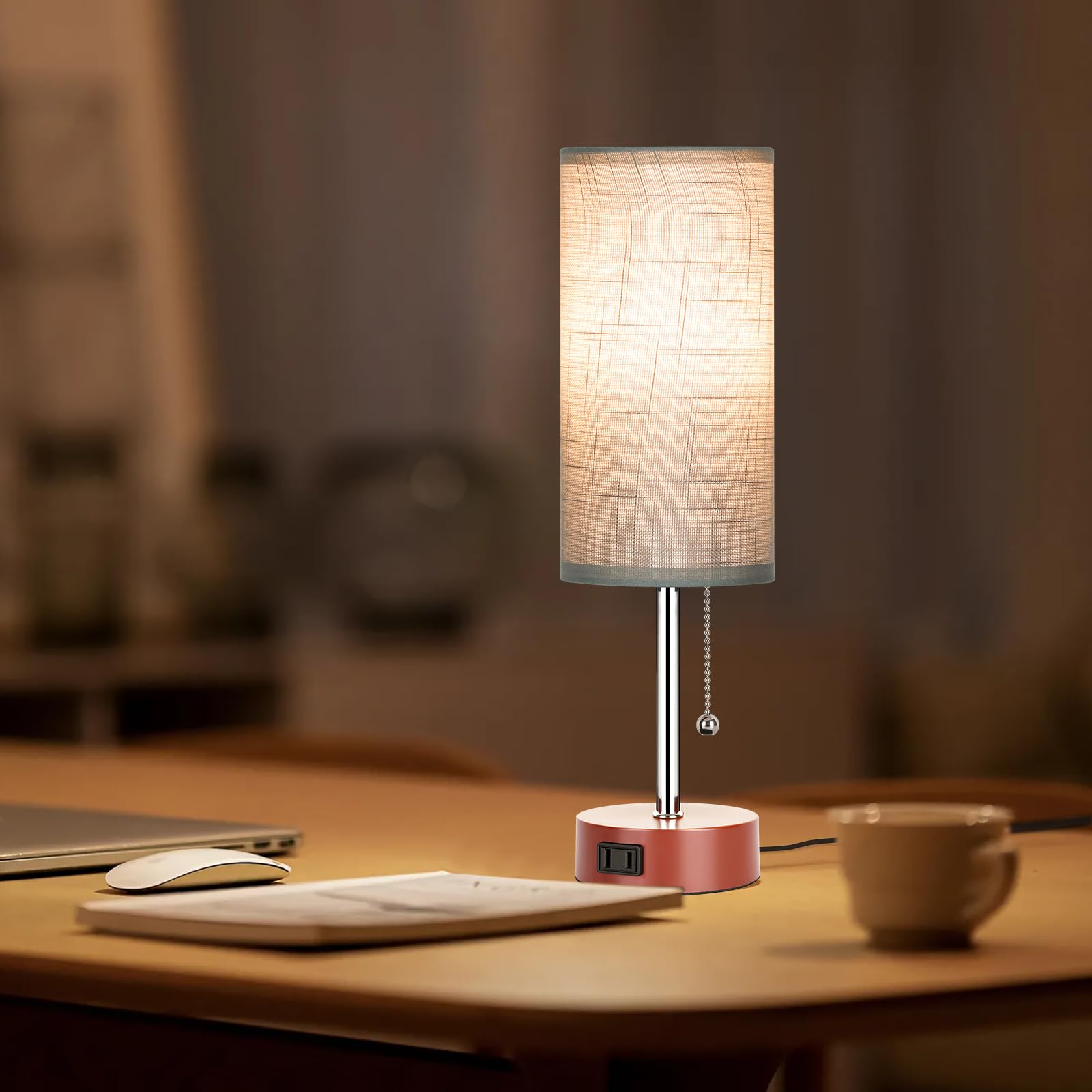 Dott Arts Table Lamp, 3-Color Bedside Lamp with Pull Chain, 15 in, Grey-Brown, Model DK-002, Metal, Bulb Included