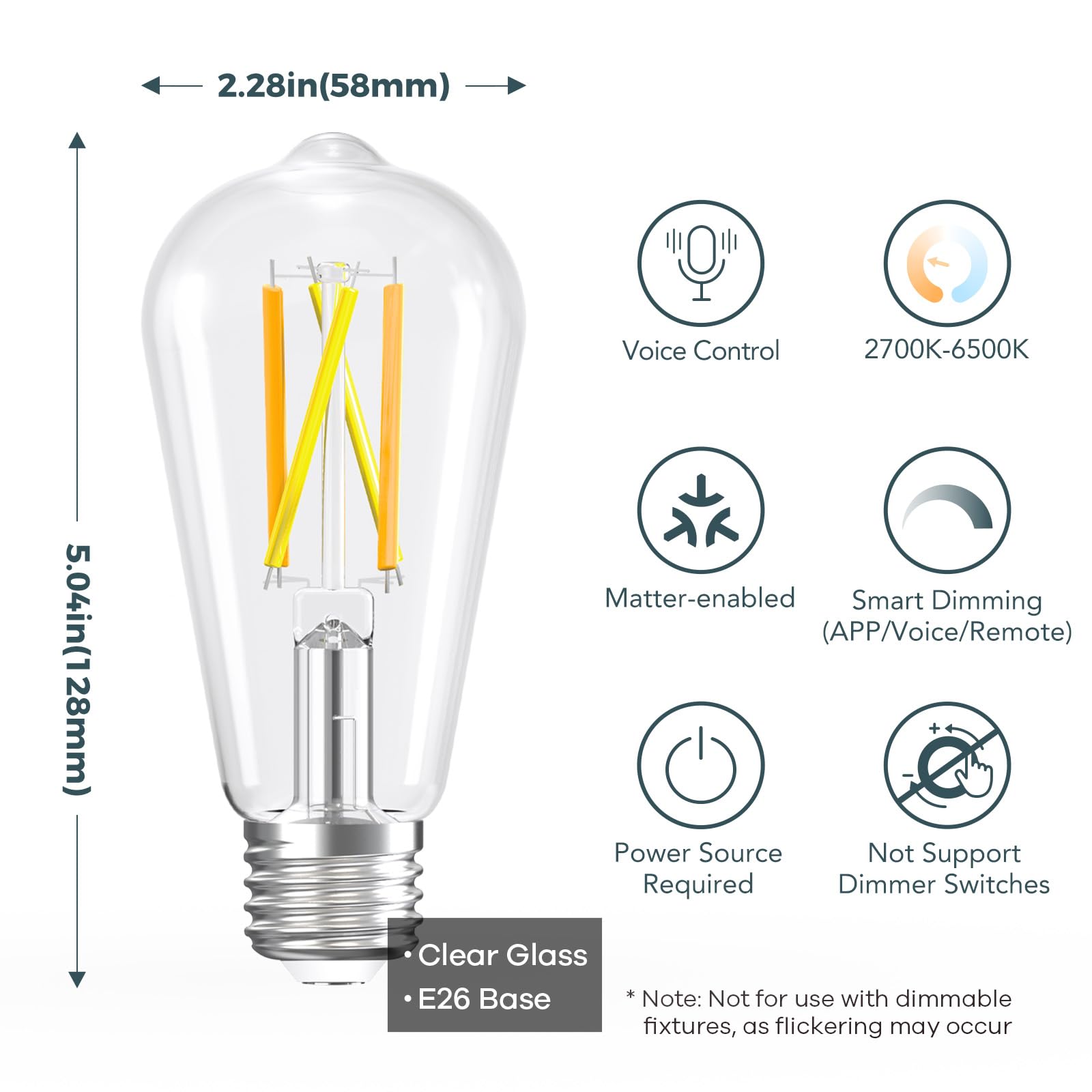 Linkind Smart Edison Light Bulbs, ST64, 8W 60W, 2700K-6500K, E26, Glass, 4 Pack