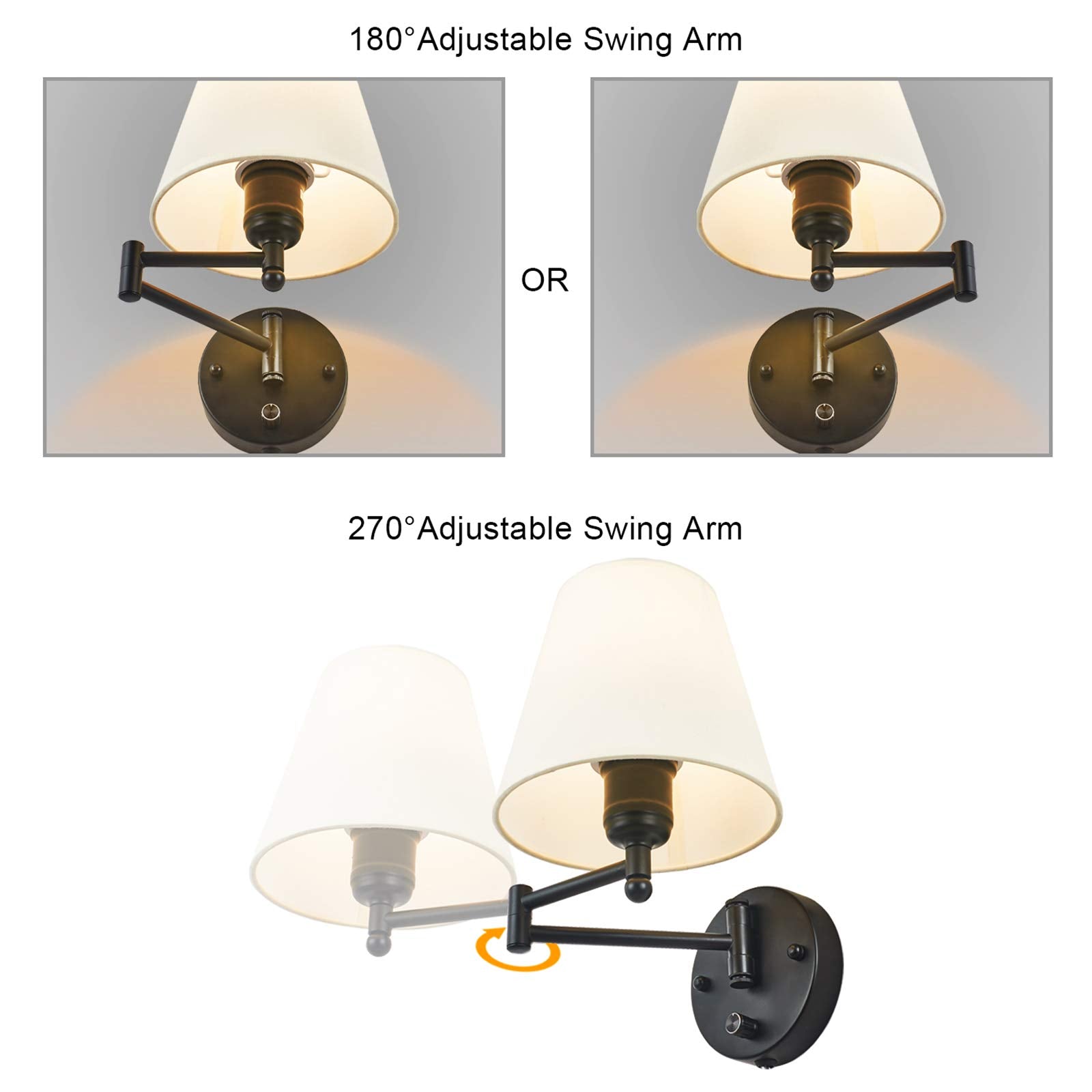 IC INSTANT COACH Swing Arm Wall Lamp - Opaque Ivory Linen Shade, Plug-in, 40W, Black and White