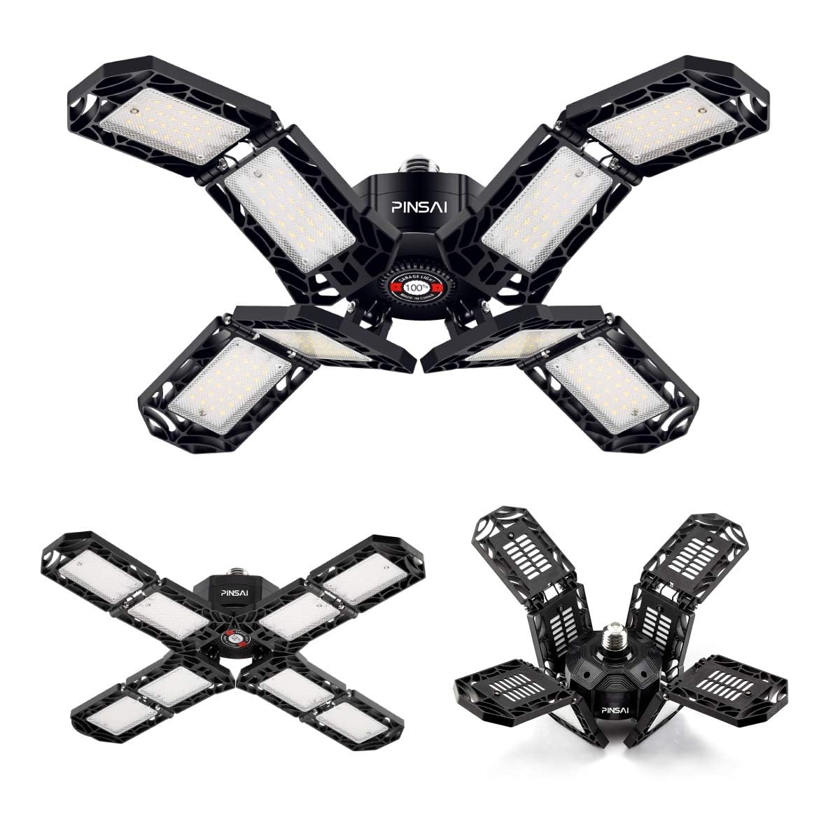 PINSAI LED Garage Light, 200W 20000 Lumen, E26/E27 Ceiling Lamp with 8 Adjustable Panels, Black, Model 150W