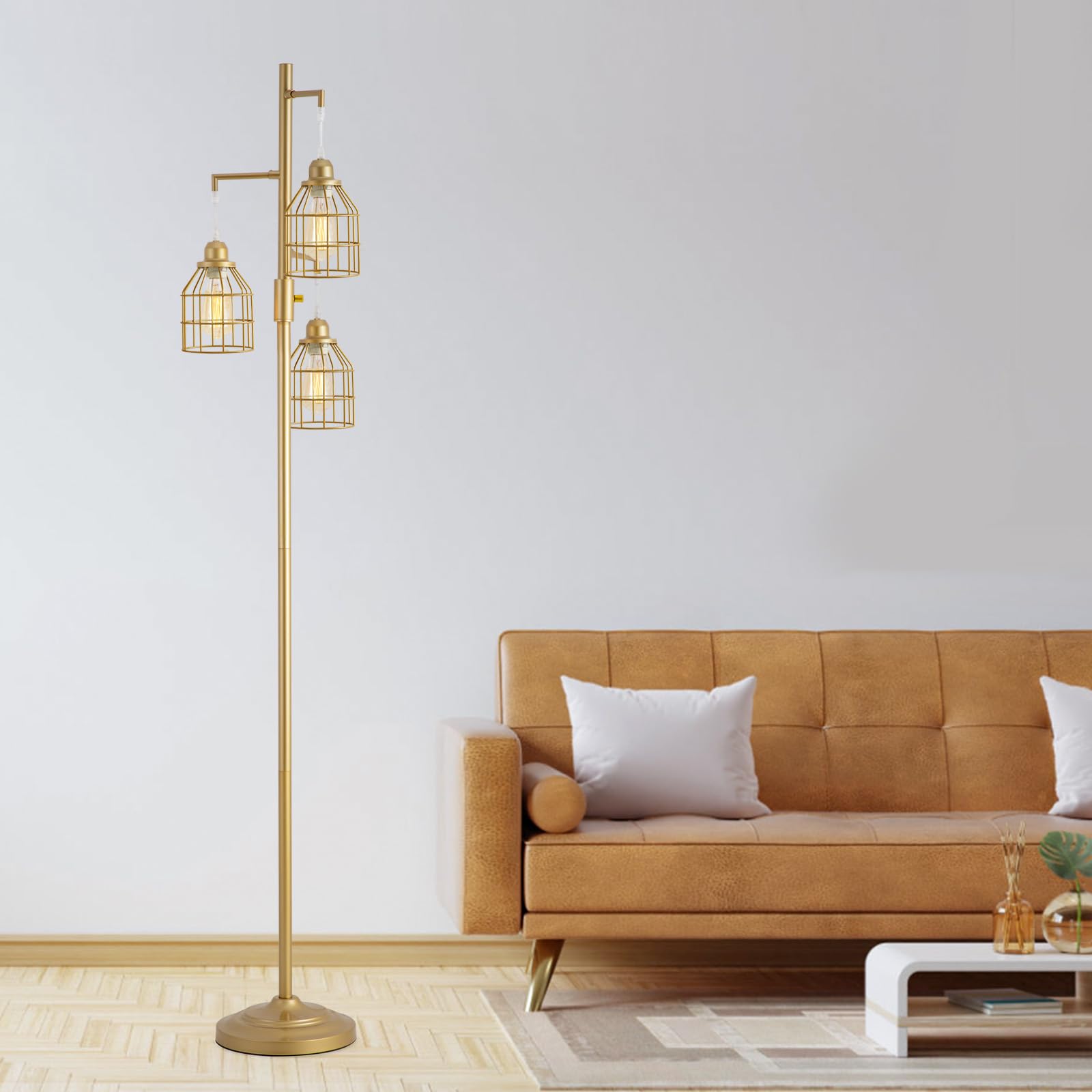 9Mmml Golden Dimmable Floor Lamp,Industrial Gold Farmhouse Tall Standing Lamp For Living Room, Bedroom Office,3 Teardrop Cage La