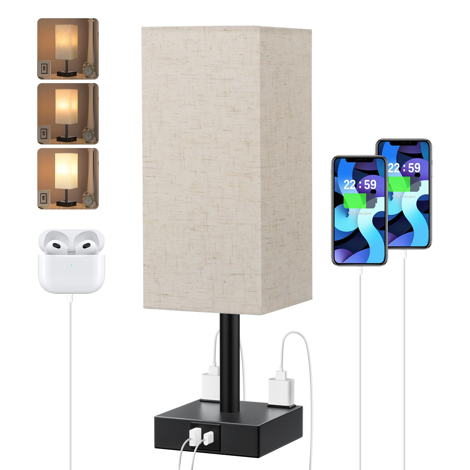 aooshine Touch Bedside Table Lamp - 3-Way Dimmable, USB A & Type C Ports, 14in Beige, Metal, Model 3-11