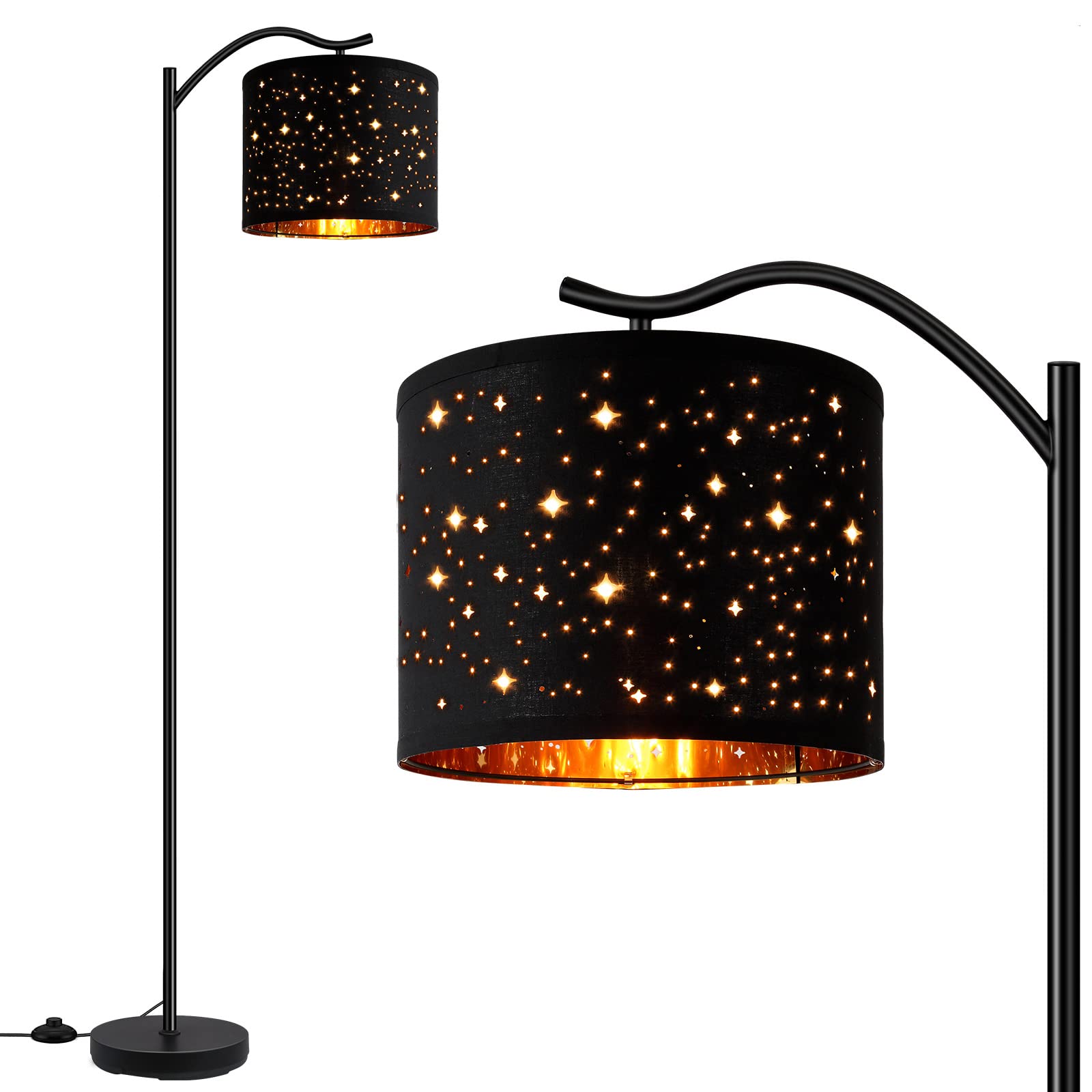 BoostArea Floor Lamp, 8W LED Arched Tall Lamp, Black Metal, Bohemian Linen Shade, E26 Socket, Footswitch, Star Shade