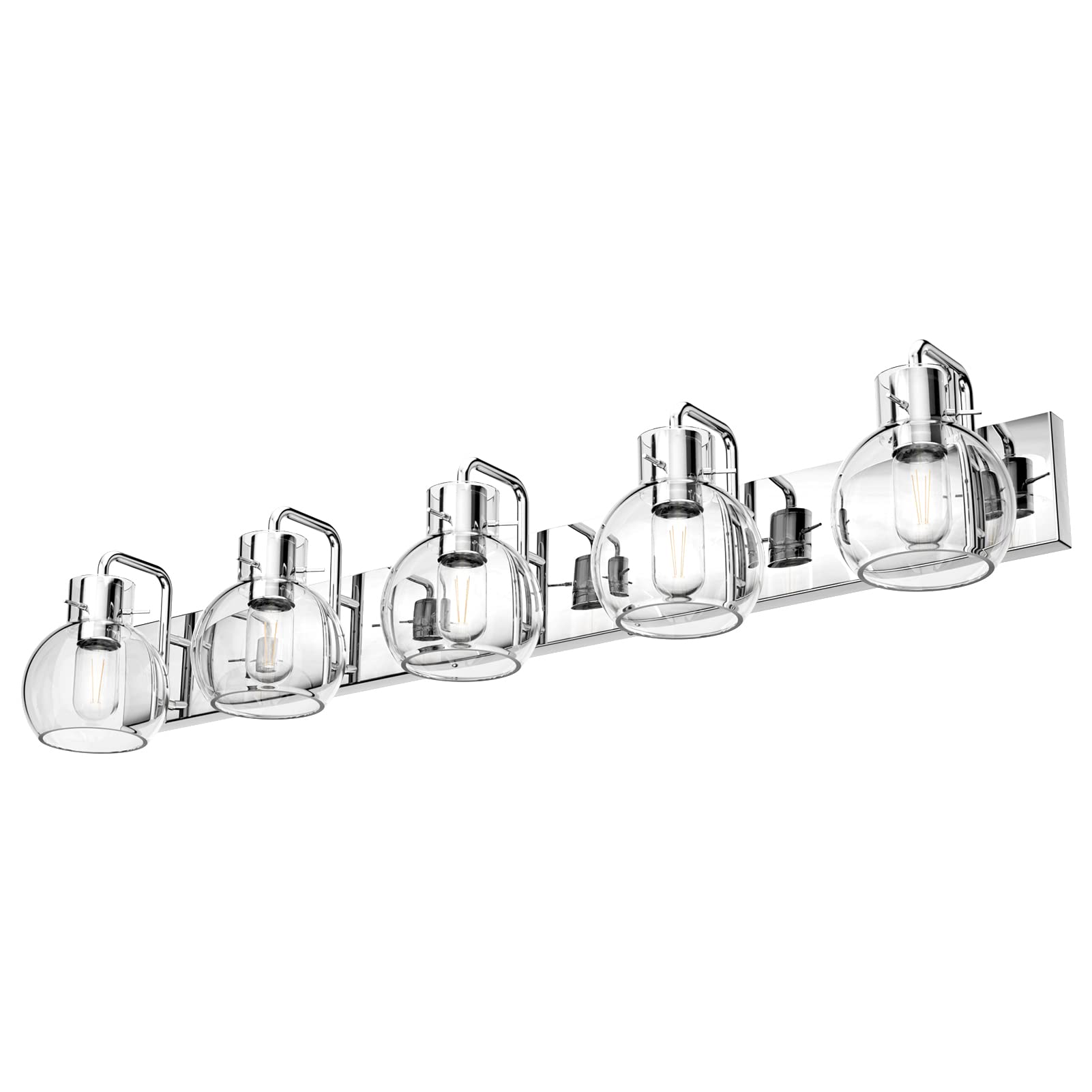 Tipace 5-Light Stainless Steel Bathroom Vanity Light Fixtures, Chrome, Modern Design, Model L-7491, with Clear Glass Shades