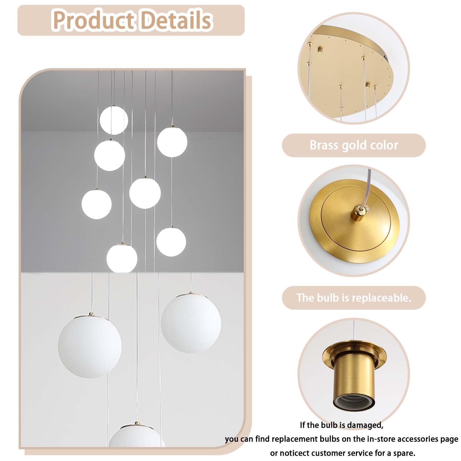 Ykolupty Pendant Lighting Gold Globe Pendant Light Fixture Mid Century Chandelier 1-Light Hanging Fixture For Kitchen Island Adjustable Length Indoor Lighting For Dinning Room Bedroom