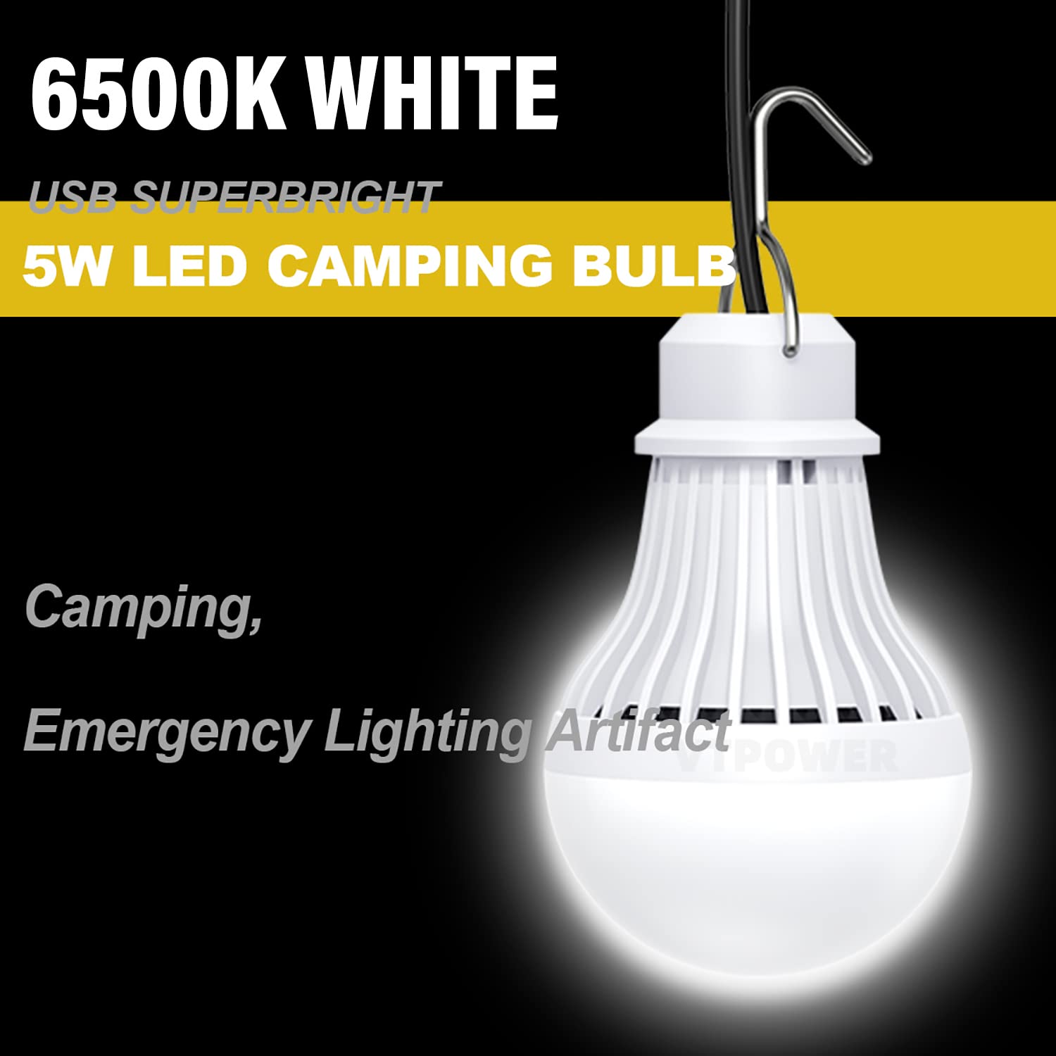 VTpower 4 Pack Portable LED Bulbs, 5W USB Camping Light with 2.5m Cord, White, for Garage, Outdoor, Emergency Use