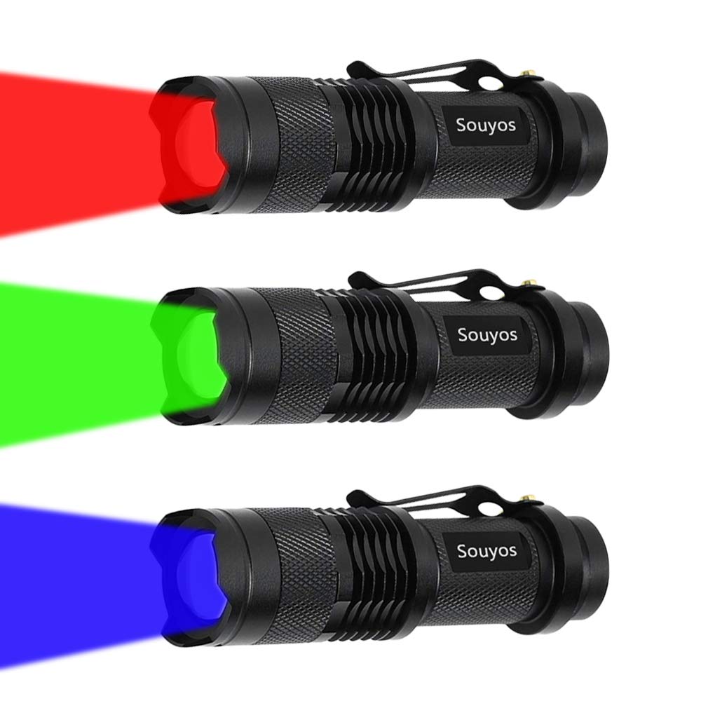 Souyos 3 Pcs LED Flashlight Set, 7W Zoomable Tactical Torch, Red Green Blue, Aluminum, Model SOUYOS-MN-SK68, Black