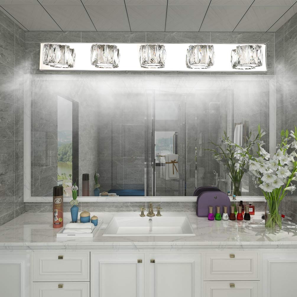 Aipsun 5-Light Crystal Vanity Lights Modern LED Bathroom Wall Light, White, Model Ca-8271-5T