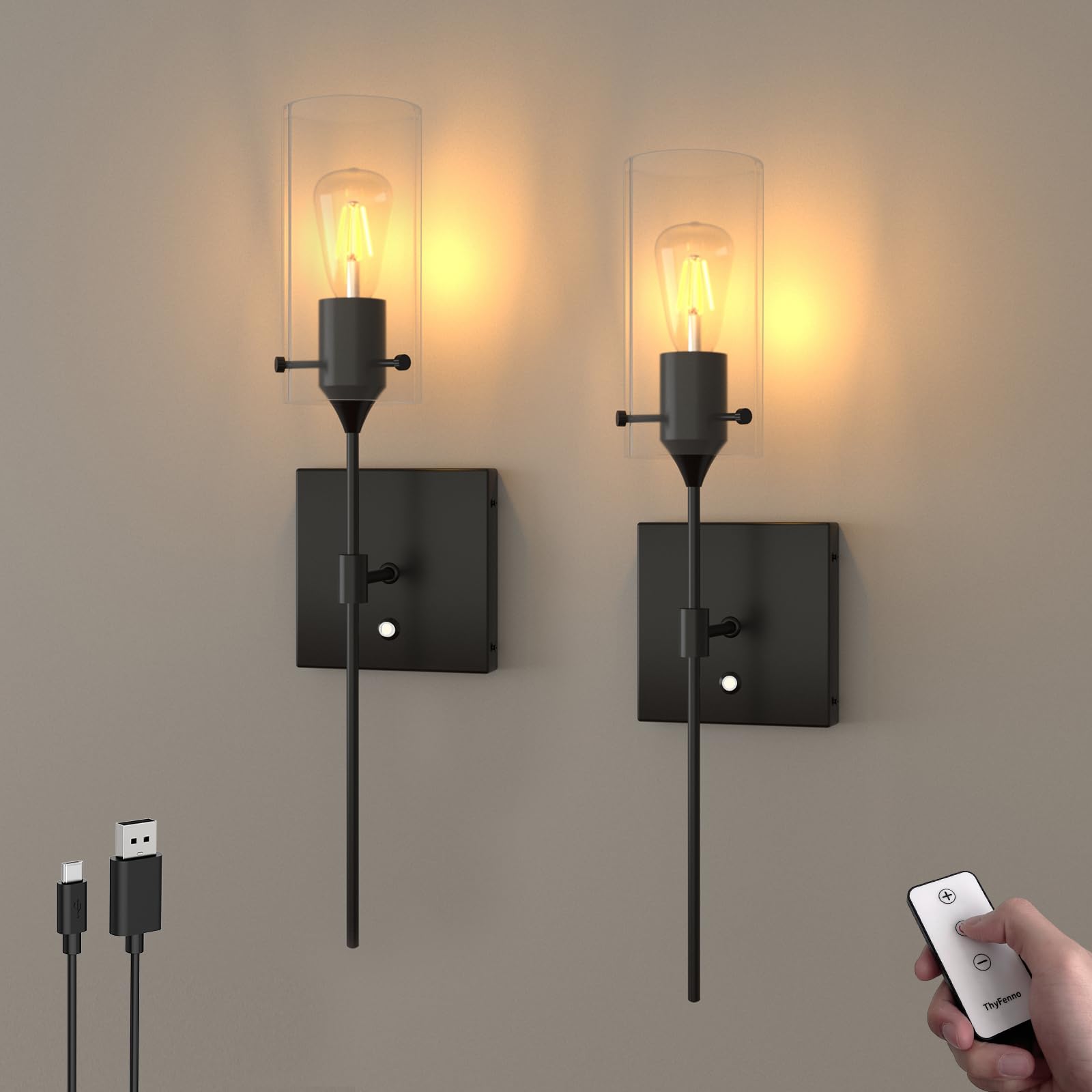 ThyFenno Battery Operated Wall Sconce Set of 2, Dimmable, Remote Control, Black, Metal, Model TF-1T T1L