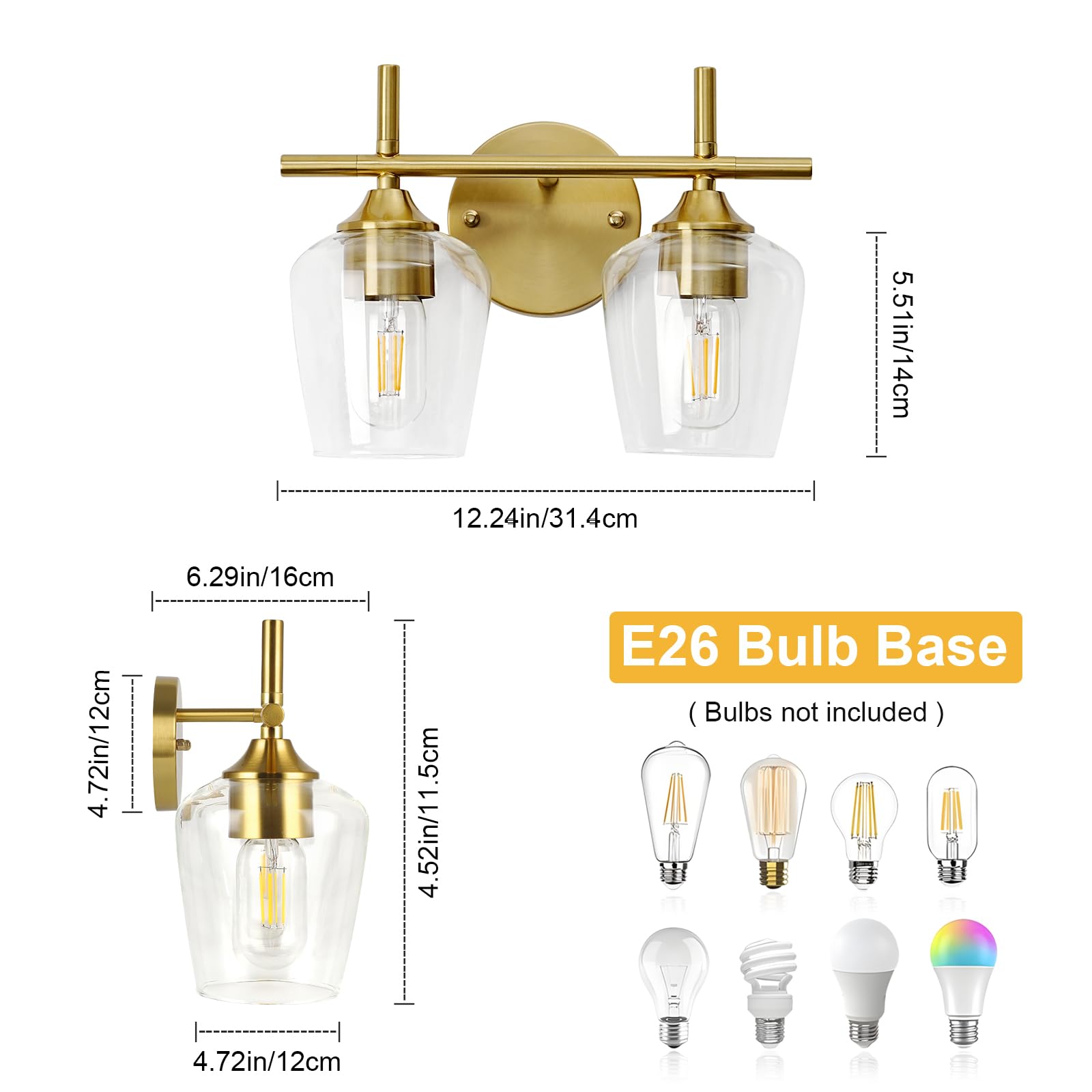 foucasal Bathroom Light Fixture 2-Light Gold Vanity Light, Clear Glass Shade, Brushed Brass, Model ULB0046H-2TONG