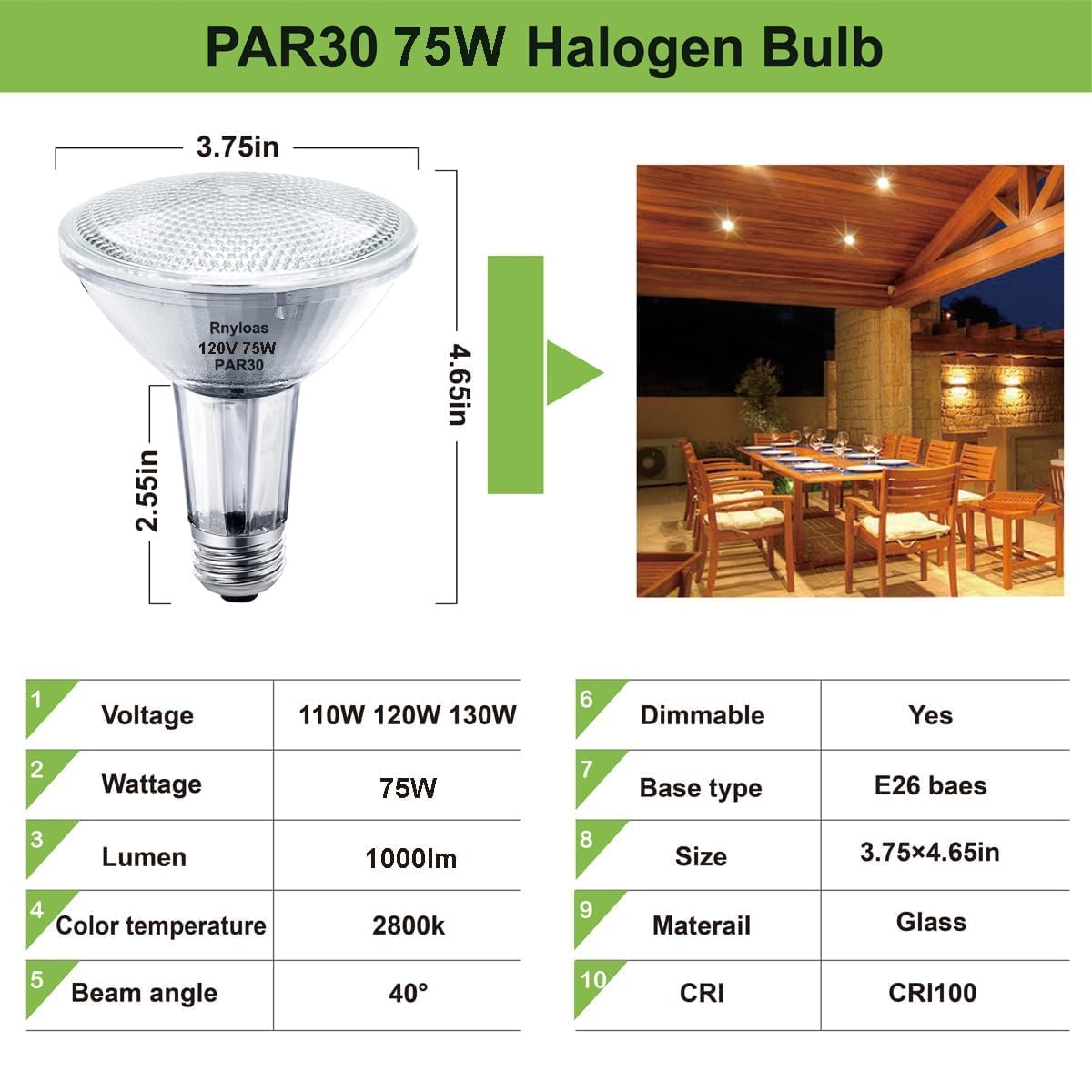 Rnyloas PAR30 Long Neck Flood Light Bulbs, Dimmable, 75W, Clear Glass, E26 Base, 6-Pack, High Brightness, Warm White