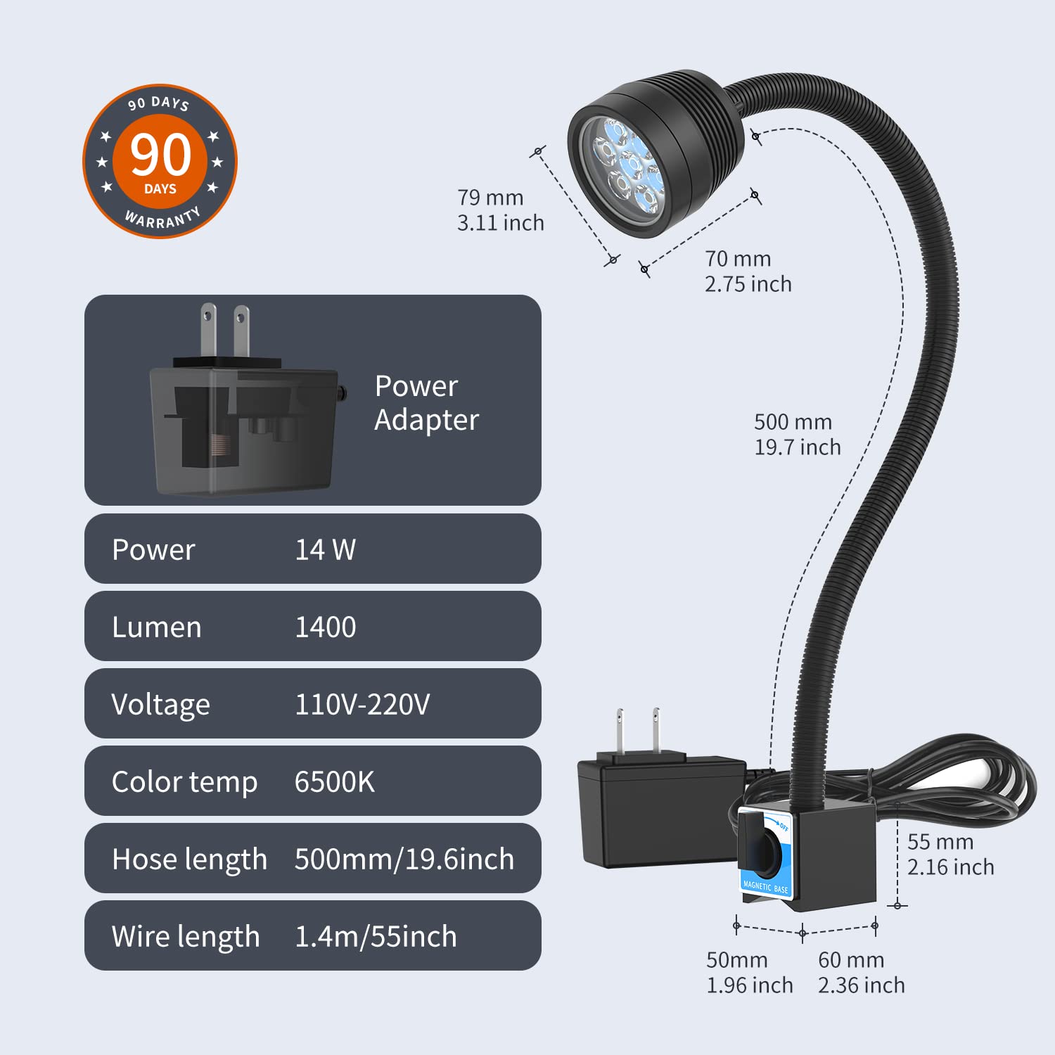 Magnetic Light, 14W Magnetic Lathe Light, Ip66 Waterproof Led Machine Light 1400 Lumens For Lathe Lighting Milling Machine, Dril