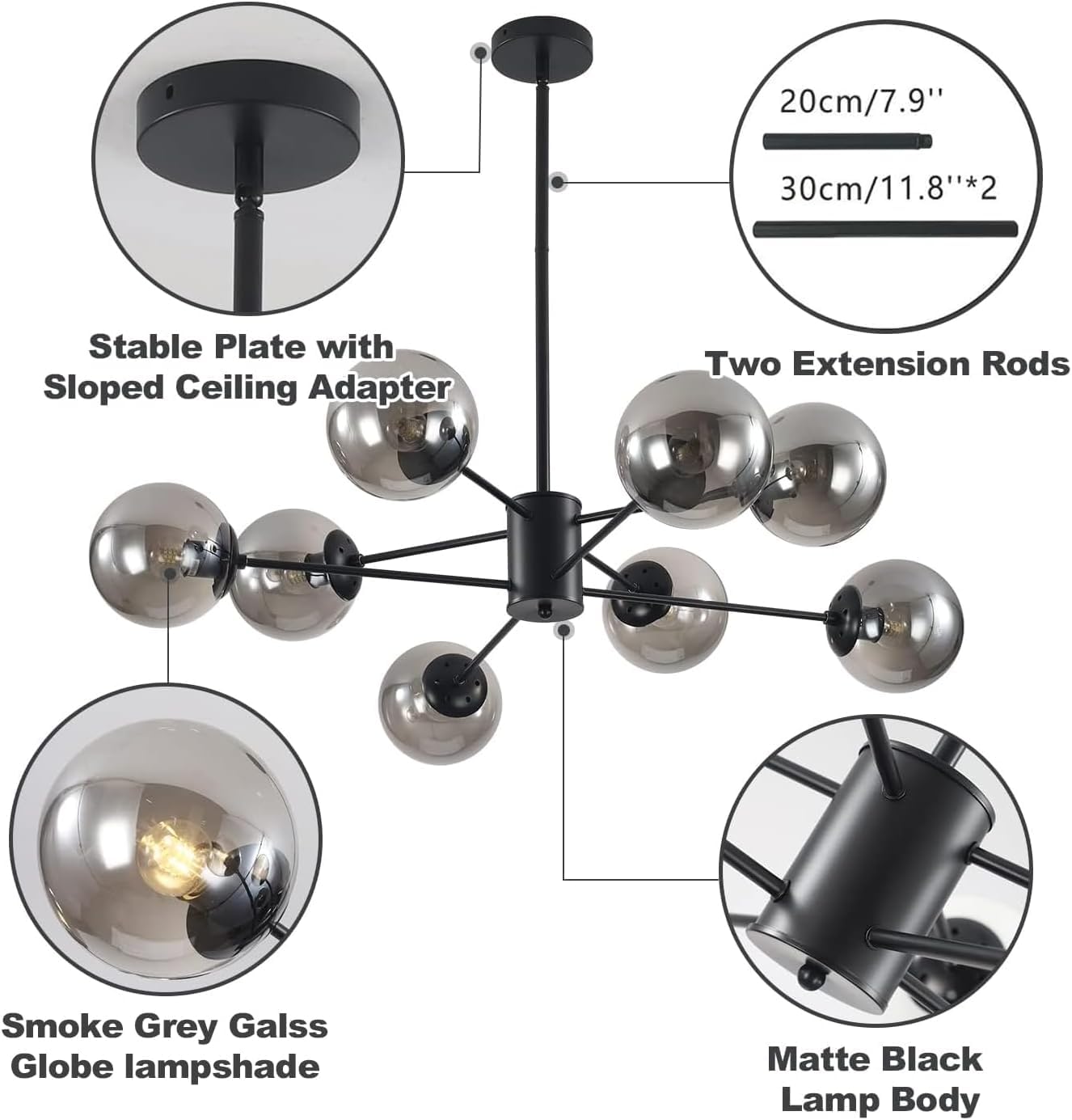 KCO Modern Glass Globe Sputnik Chandelier 8-Light Black+Smoke Grey L1085-8-BS Farmhouse Industrial Pendant Light Fixture