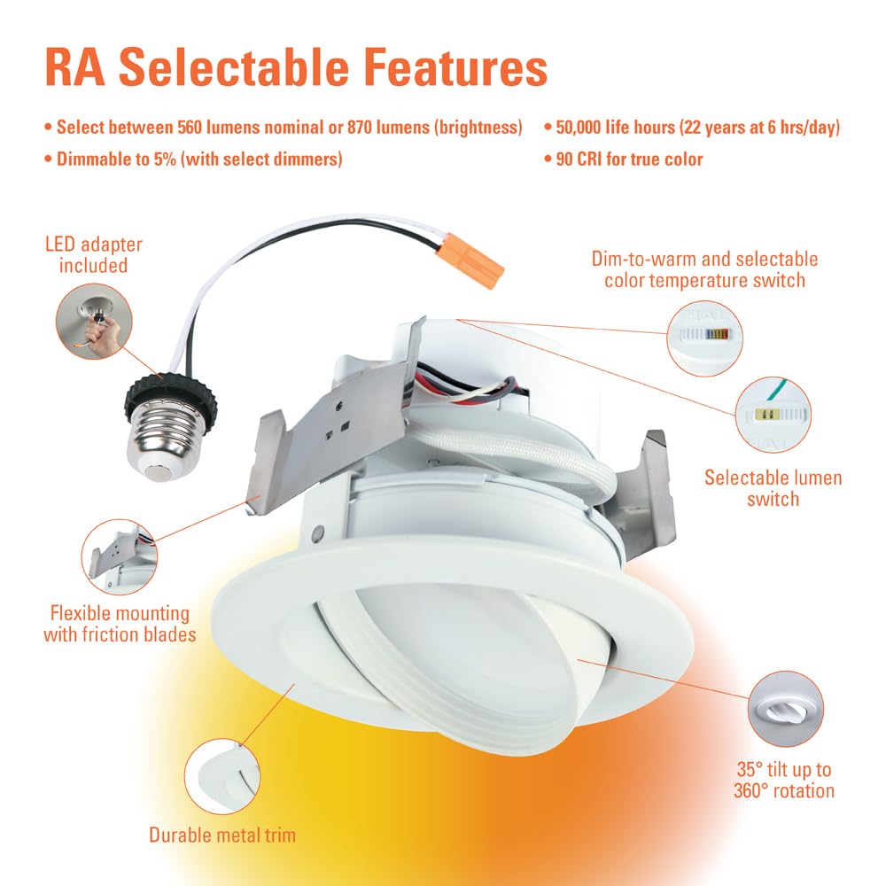 Halo Ra 4-Inch Recessed Led Trim Downlight With Adjustable Gimbal, Selectable Lumens And Color Temperatures, Dim-To-Warm - Ra56L