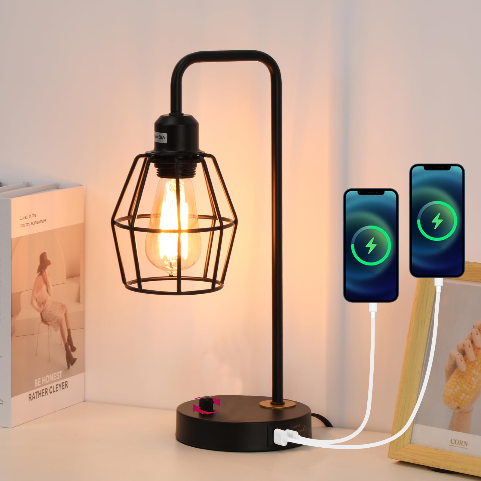YEHKHEY Industrial Dimmable Table Lamps, Modern Black Bedside Lamp with USB A+C Outlet Charging Ports, Farmhouse Lamp with Metal
