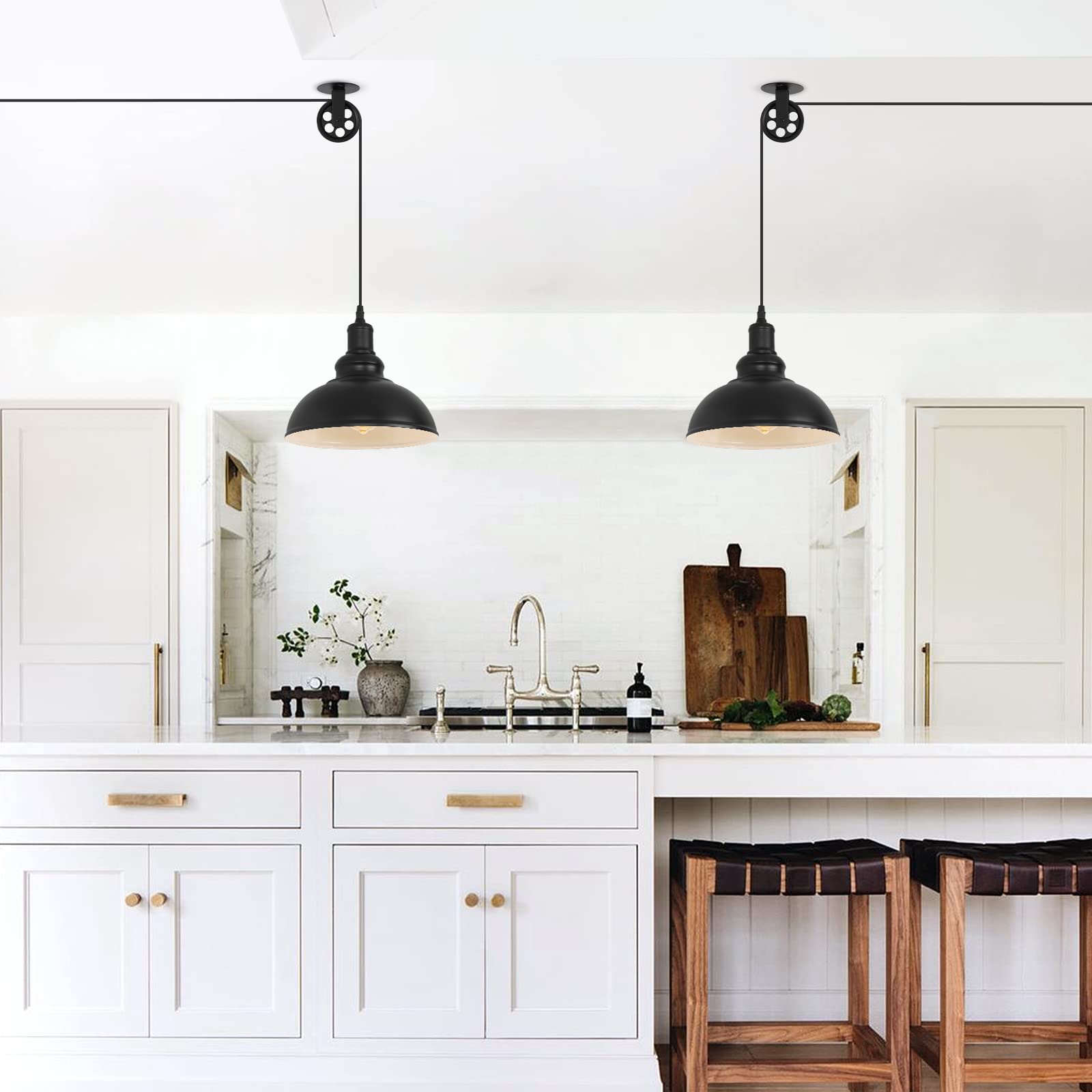 Kighsin Industrial Black Plug In Pulley Pendant Light With 19.5Ft Cord On/Off Switch, Modern Barn Domed Hanging Lamp Ceiling Lig