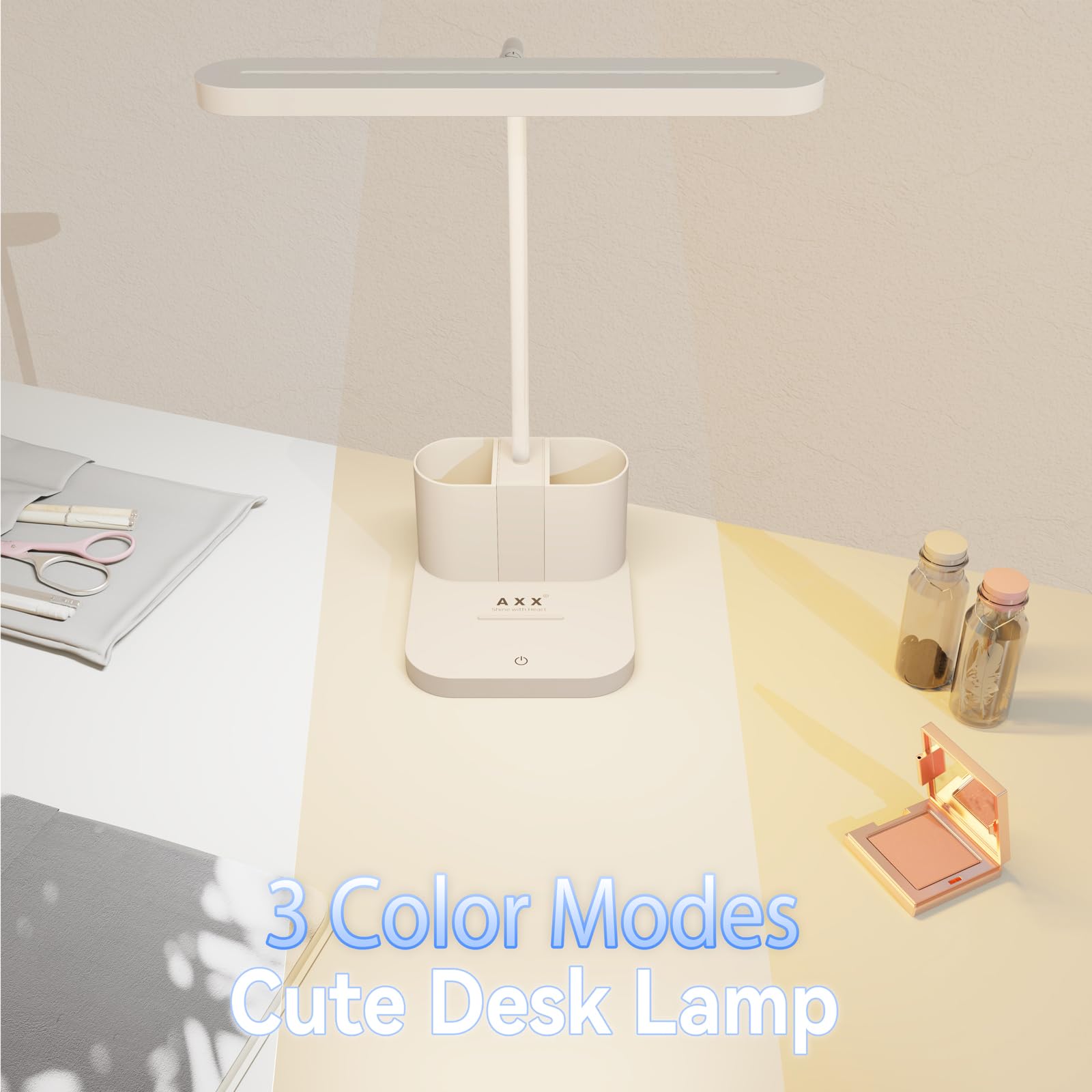 Axx White Desk Lamp For College Dorm Room, Cute, Led, Dimmable, Small, Pen Holder, Flexible Gooseneck, Touch Control, Table Ligh
