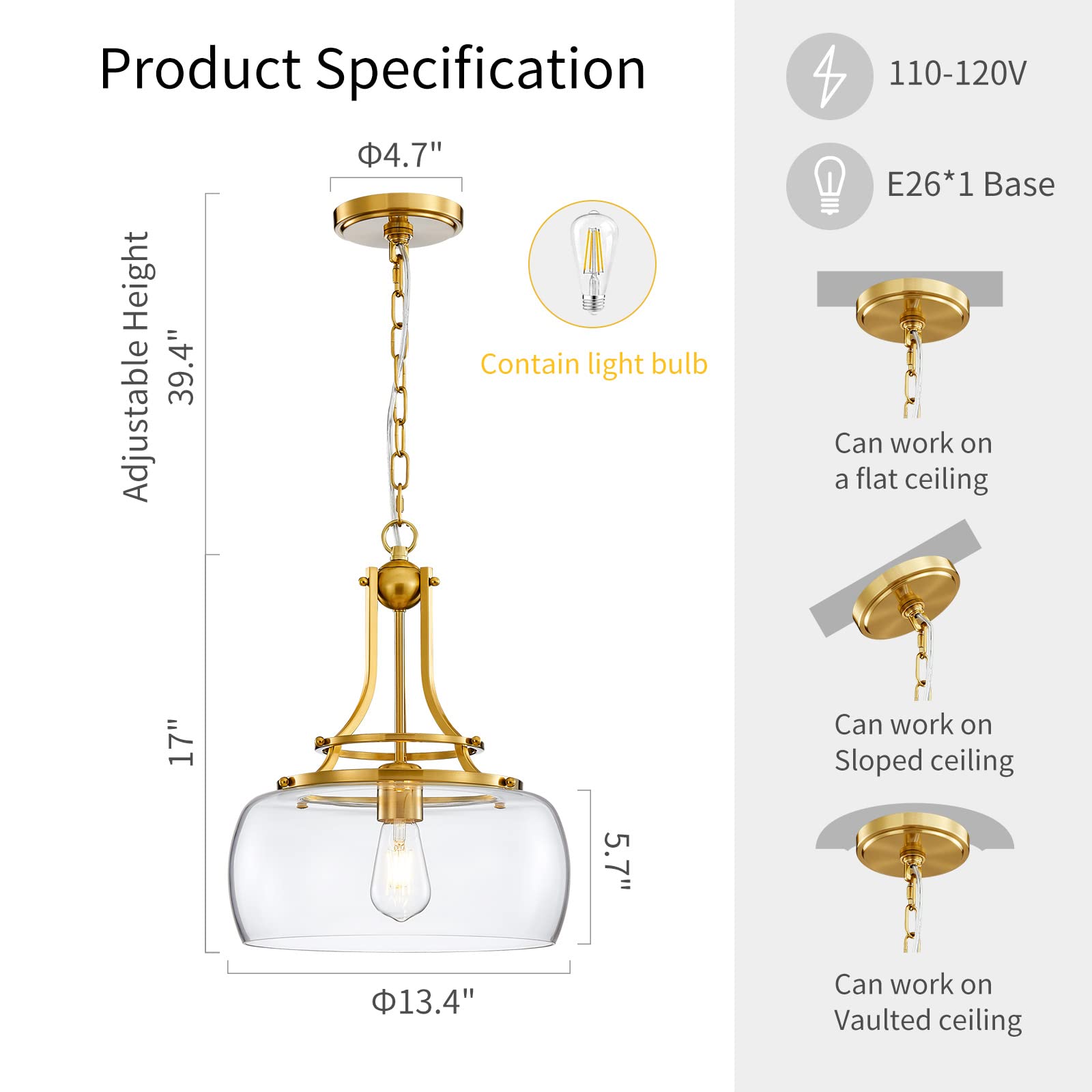 Wuzups Rustic Farmhouse Chandelier Pendant Light, Brushed Gold, Led, Clear Glass Shades, 17&quot;X13.4&quot;