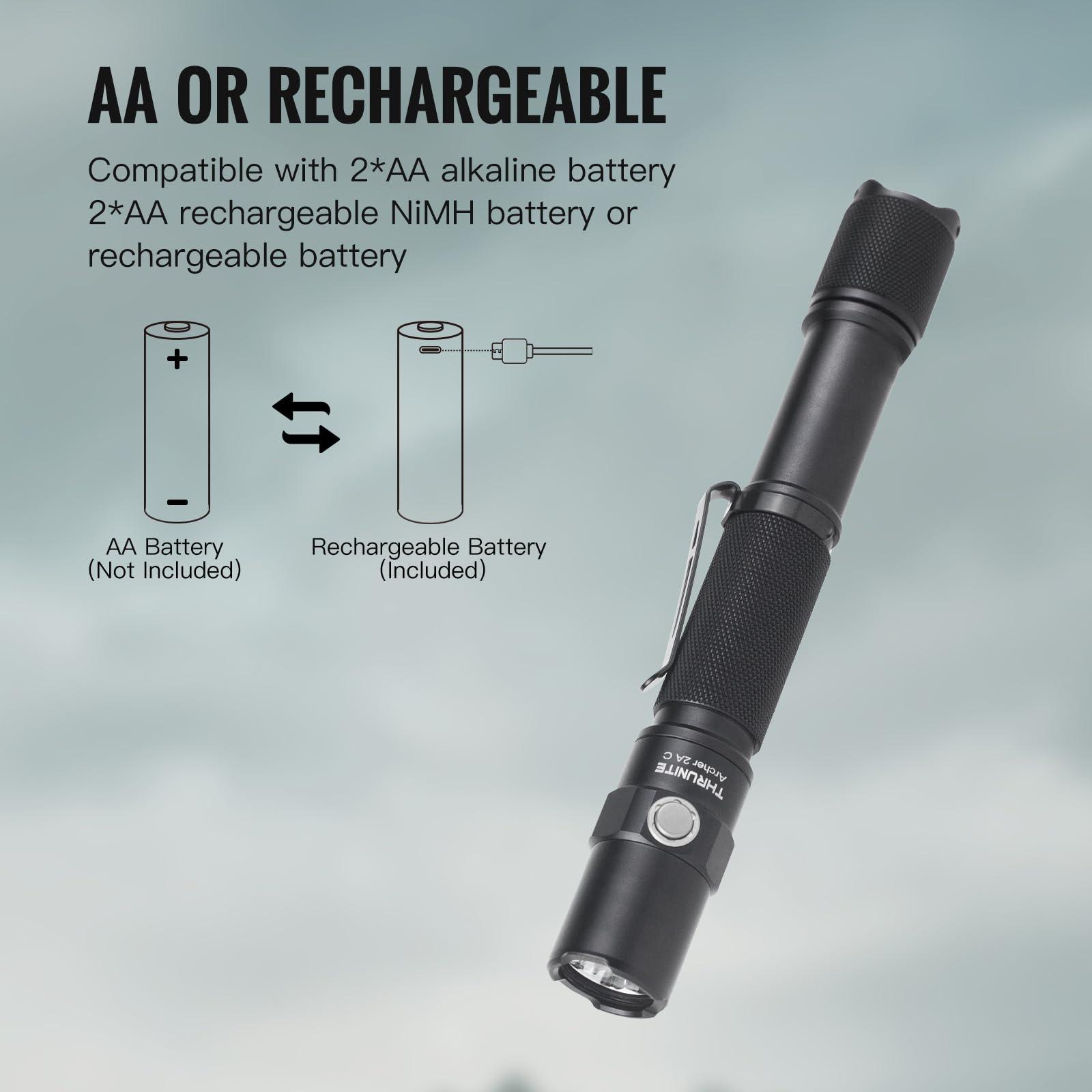 Thrunite Archer 2A C Led Rechargeable Flashlight, High 1000 Lumens Aa Flashlight With Lanyard, Ipx8 Waterproof Dual Switch Small Outdoor Light For Hiking, Camping, Everyday Use, Edc - Cw