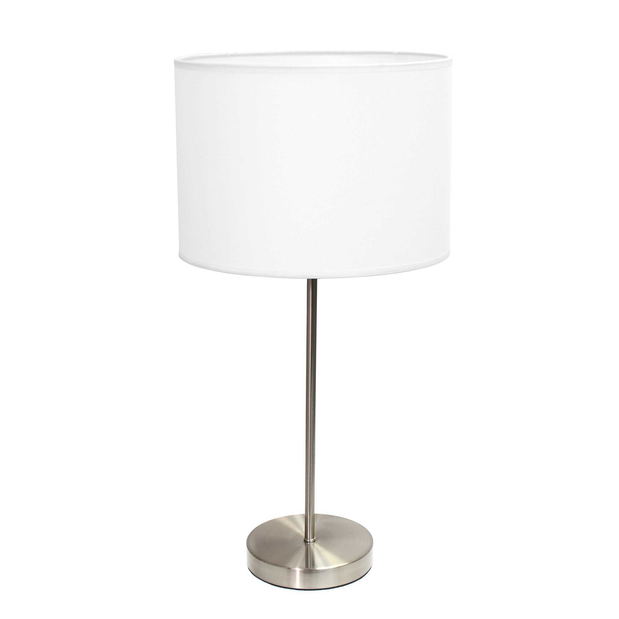 Simple Designs Lt2040-Wht 23" Standard Metal Stick Lamp With Round Base And Drum Fabric Shade For Home Décor, Bedroom, Office, Dorm, Living Room, Entryway, Foyer, Brushed Nickel