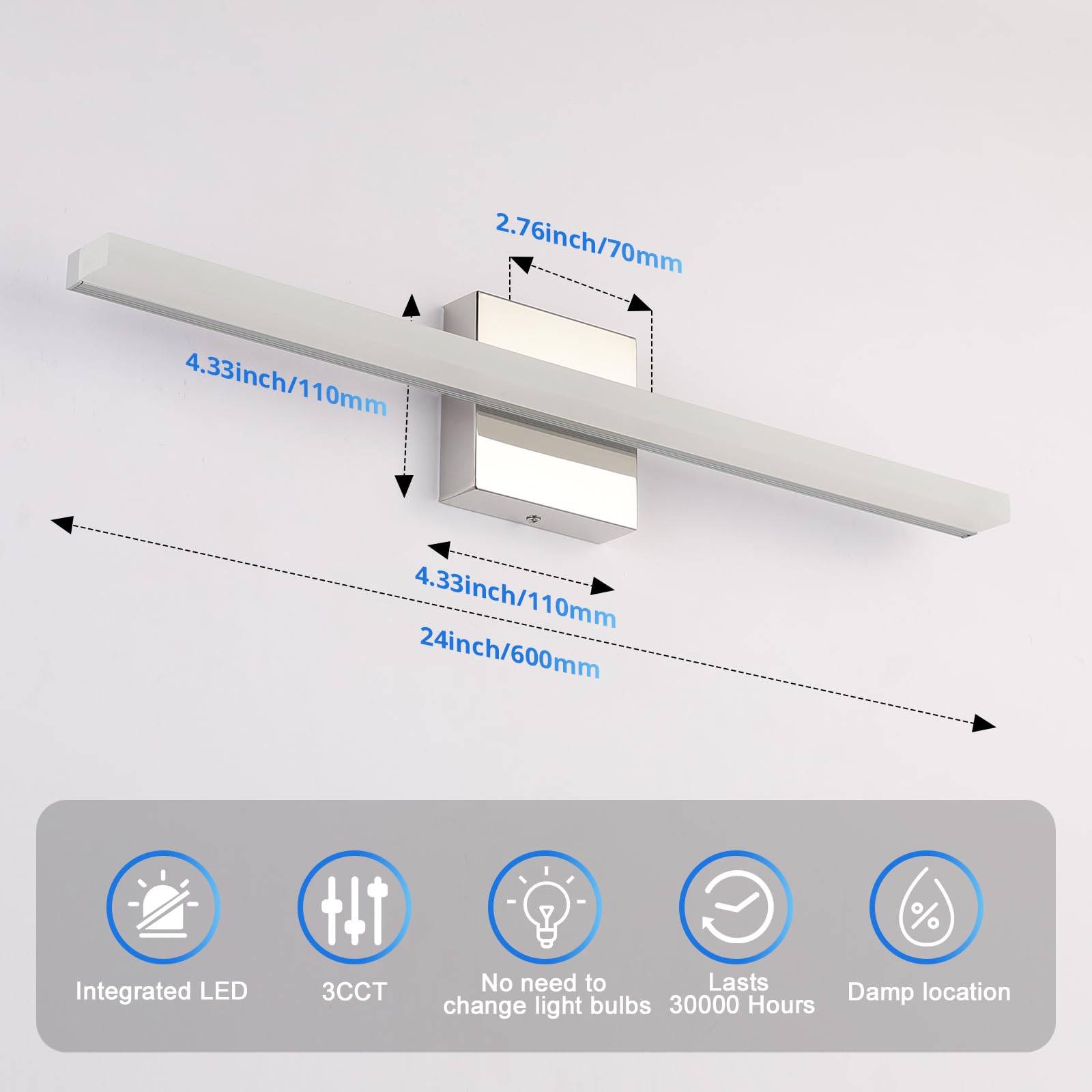 Combuh 24-Inch LED Bathroom Vanity Light Bar, 3CCT Dimmable, Aluminum, Model 6270, Chrome Finish