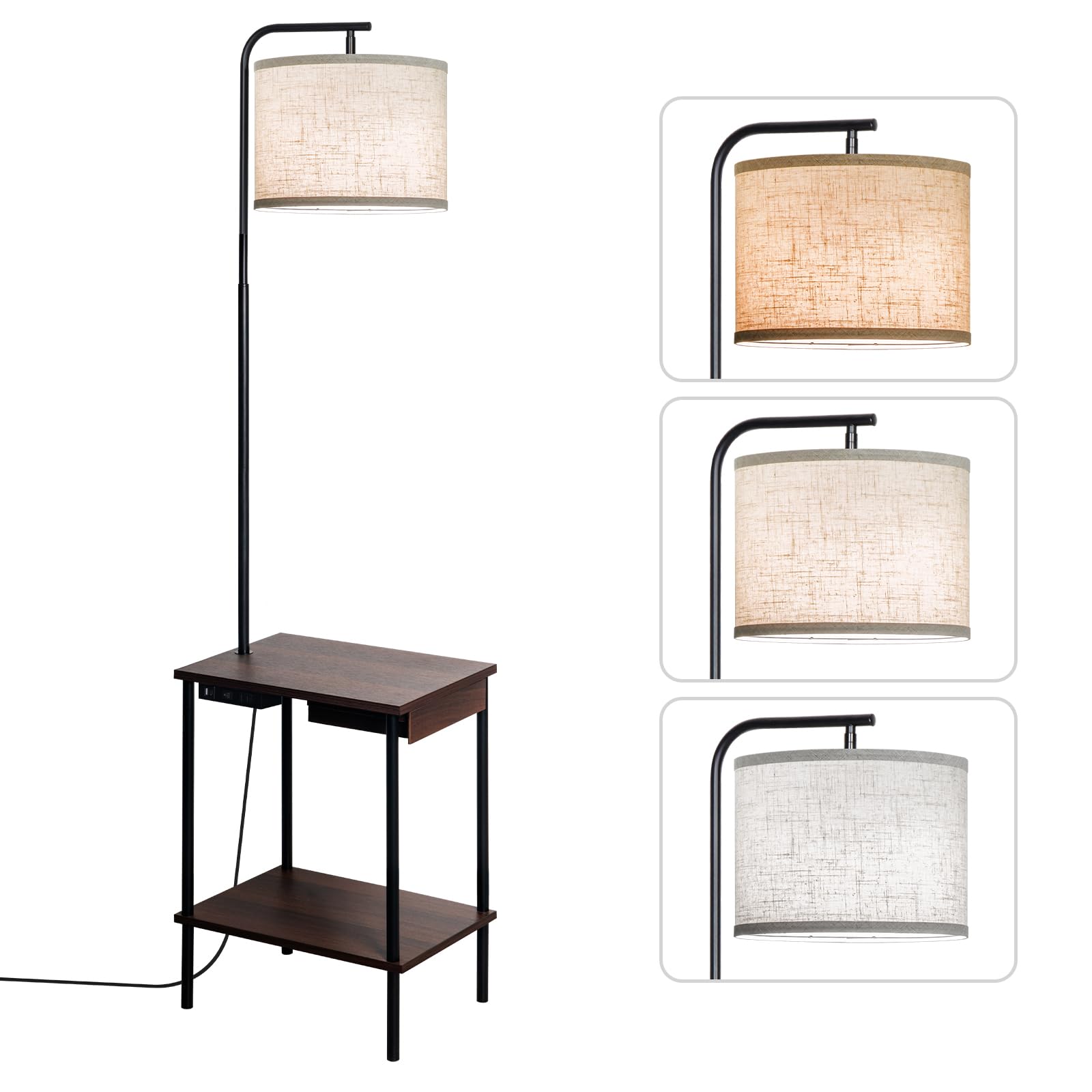 EOEYYOYB Floor Lamp with Table & Drawers, USB Charging Port, 3 Color Temperatures, Walnut