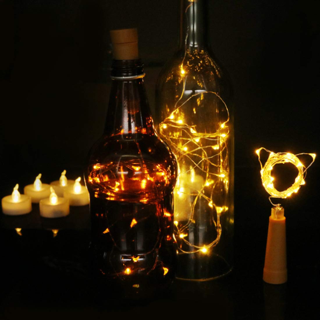 Amants01 Wine Bottle String Lights, 12 Pack, 10 LEDs, 36.5 Inch, Copper, Warm White, Battery Powered for DIY Decor, Christmas, Weddings, Parties