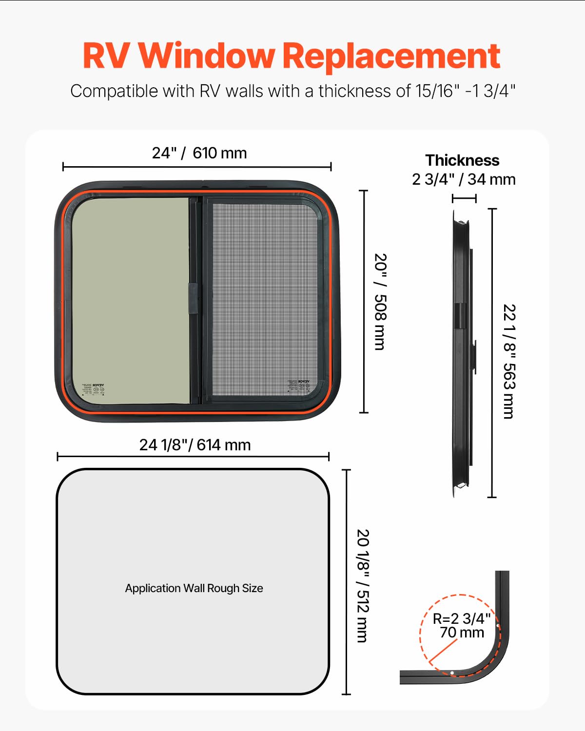 VEVOR Horizontal RV Window, 24 W x 20 H Tinted Sliding RV Window with Net Screen & Trim Ring, Fit 15/16-1 3/4 Thickness Wall, RV