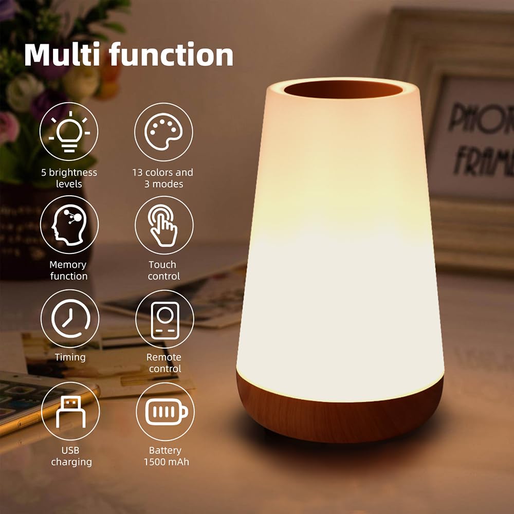 Luxxflour Night Light Lamp, Dimmable Touch Lamp For Bedroom, Portable Table Bedside Lamp, 5 Brightness & 13 Rgb Colors, Night Li