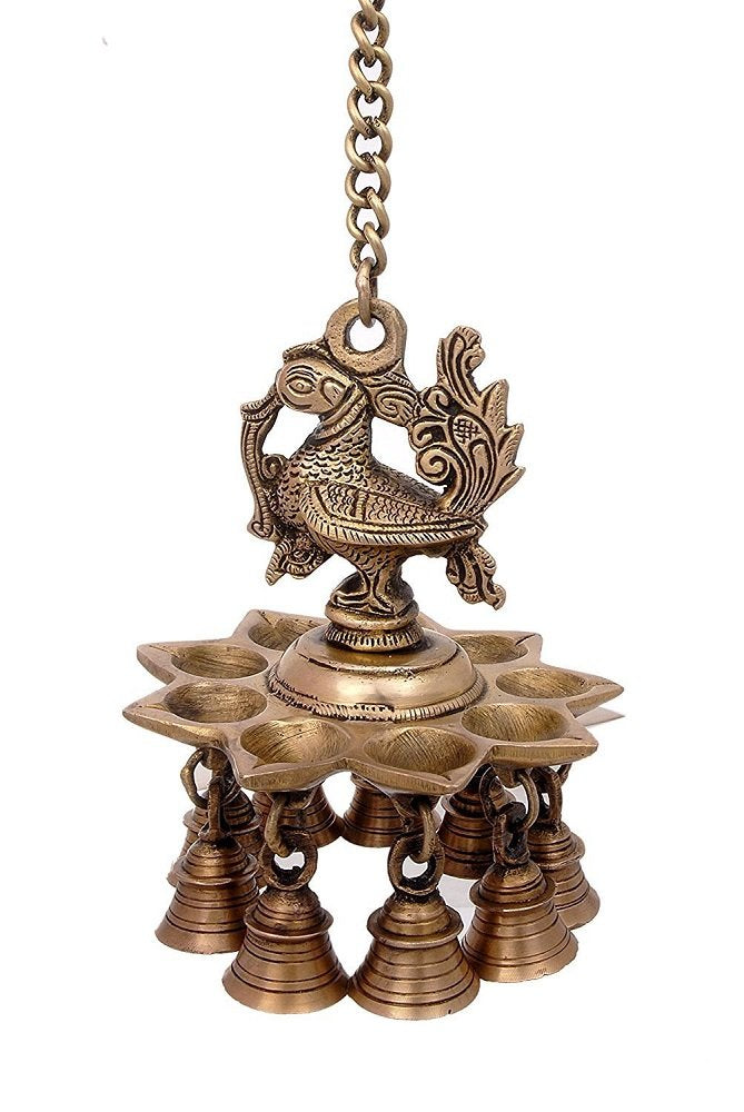 Artvarko Brass Peacock Deepam Deepak Diya Bell with Chain Wall Hanging for Home Decor Mandir Temple Puja 9 Inches Height