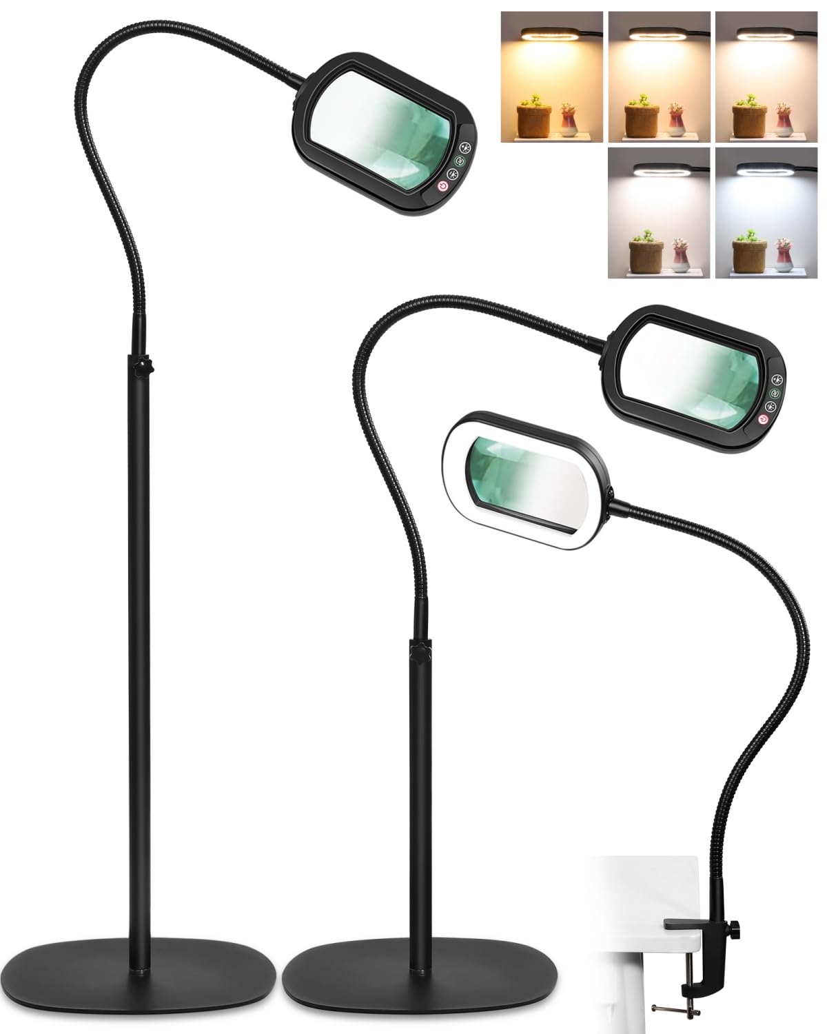 10X Rectangle Magnifying Glass With Light And Stand, 24'' Flexible Gooseneck 3-In-1 Floor Lamp, 5 Color Modes Stepless Dimmable,