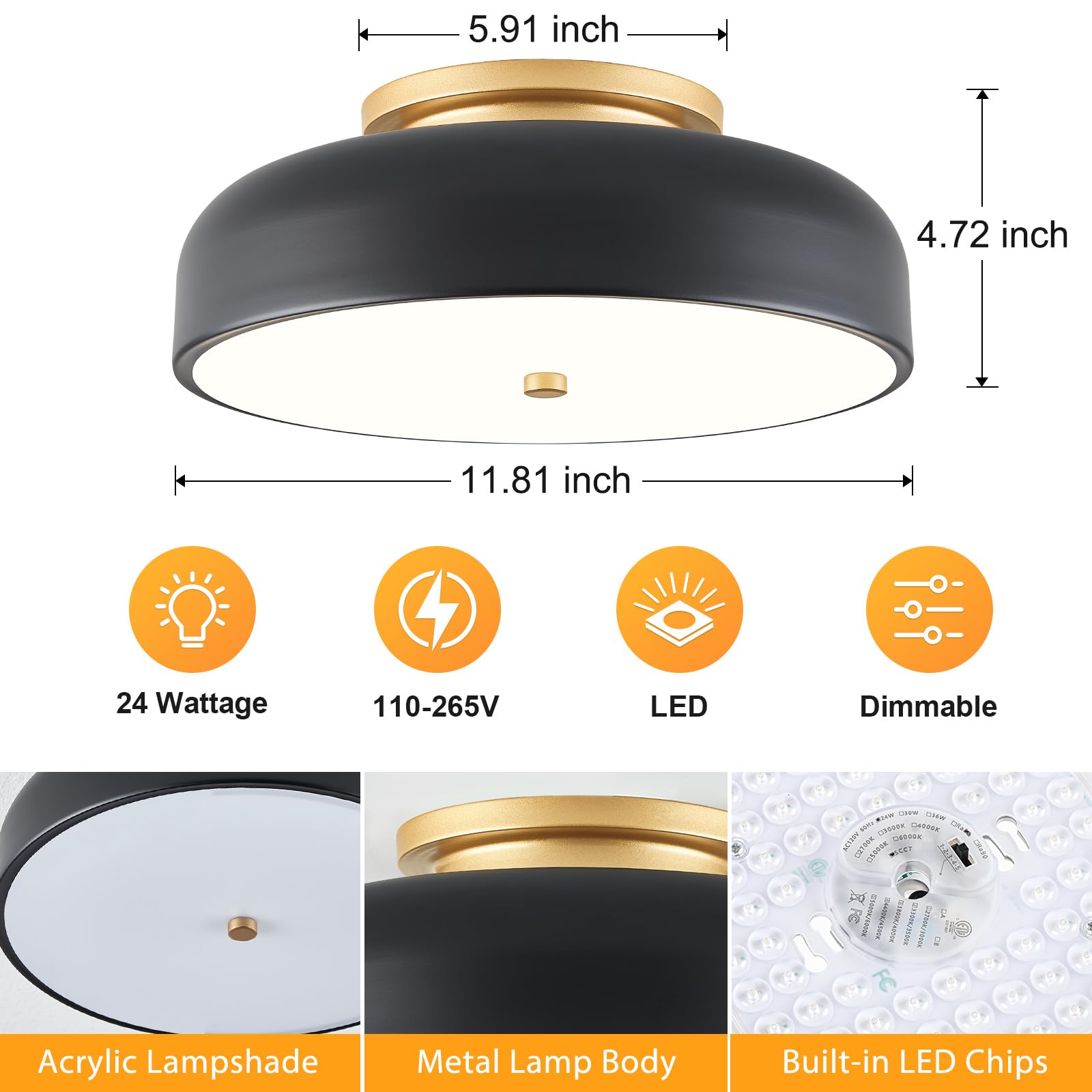ONESMING Dimmable LED Ceiling Light Fixture, Modern Semi Flush Mount, 11.81in, Black, Model CP3045-GB30, 2700K-6000K
