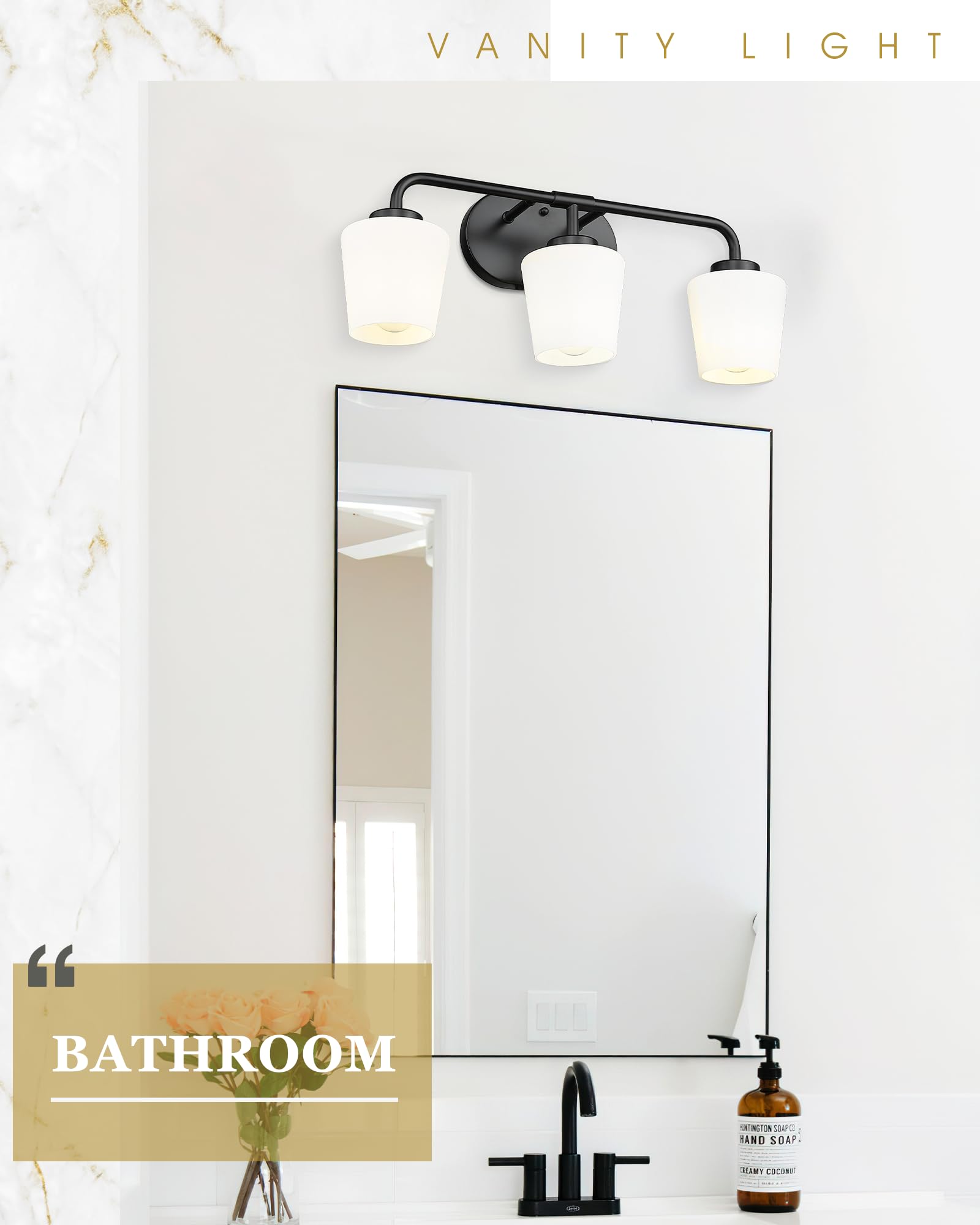 Audickic Bathroom Light Fixtures Over Mirror, 3-Light Matte Black Vanity Lighting Fixtures With Milk White Glass, Vintage Farmhouse Wall Sconces Lighting, Ad-22004-3W-Bk