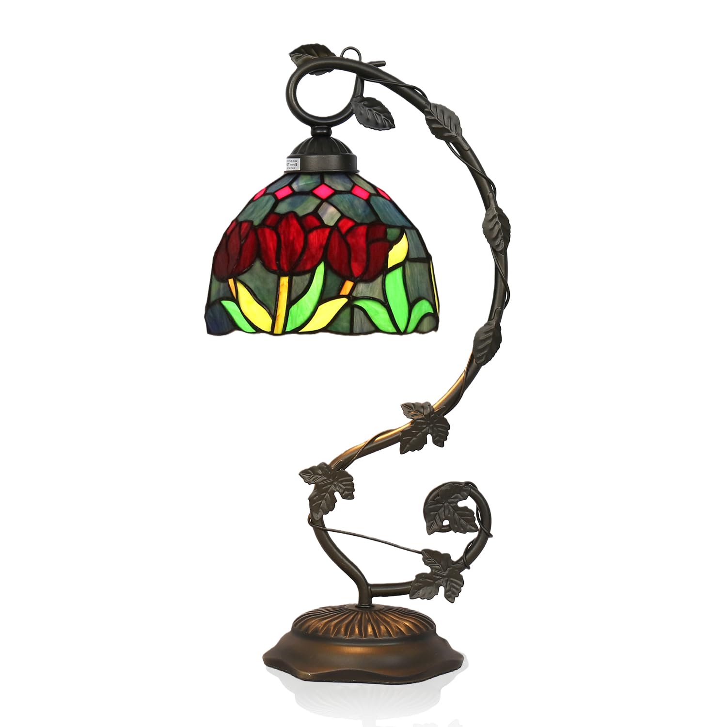 TFNALNB Tiffany Table Lamp, Tulip Style Stained Glass Shade with Metal Vine Base, 8x10x20 Inch