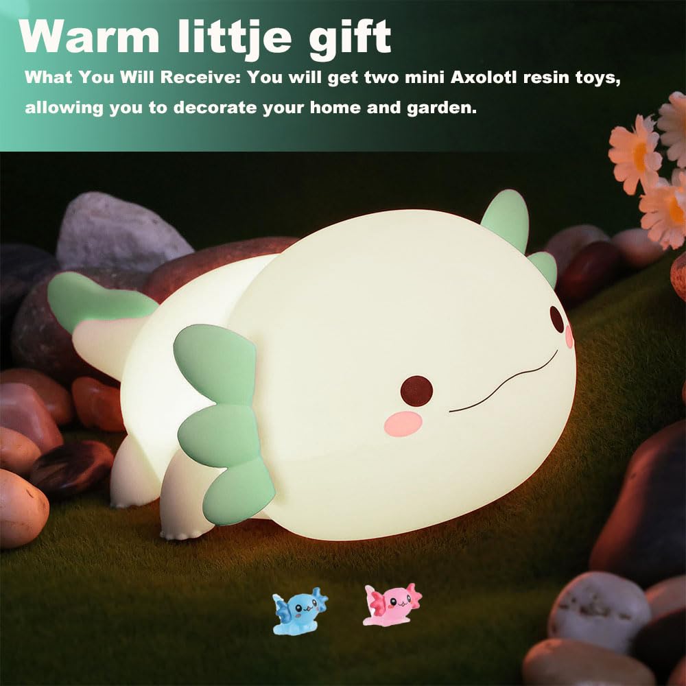 KangTen CHEN Axolotl Night Light, Silicone Touch Control Lamp, USB Rechargeable, Green, Model DS-AX-011
