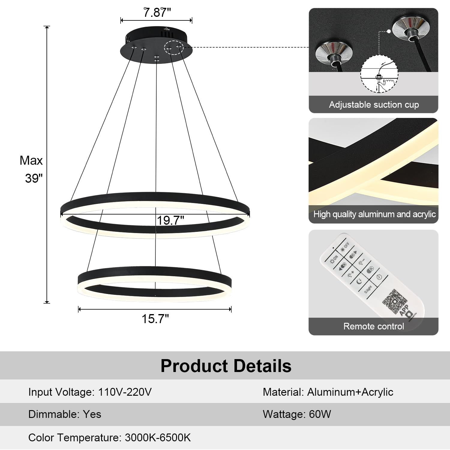 Xgzl · Lighting 2-Rings Modern Led Chandelier Black For Dining Room, Dimmable Pendant Lighting With Remote Control Circular Flush Mount High Ceiling Light For Bedroom Living Room Foyer, 3000K-6500K