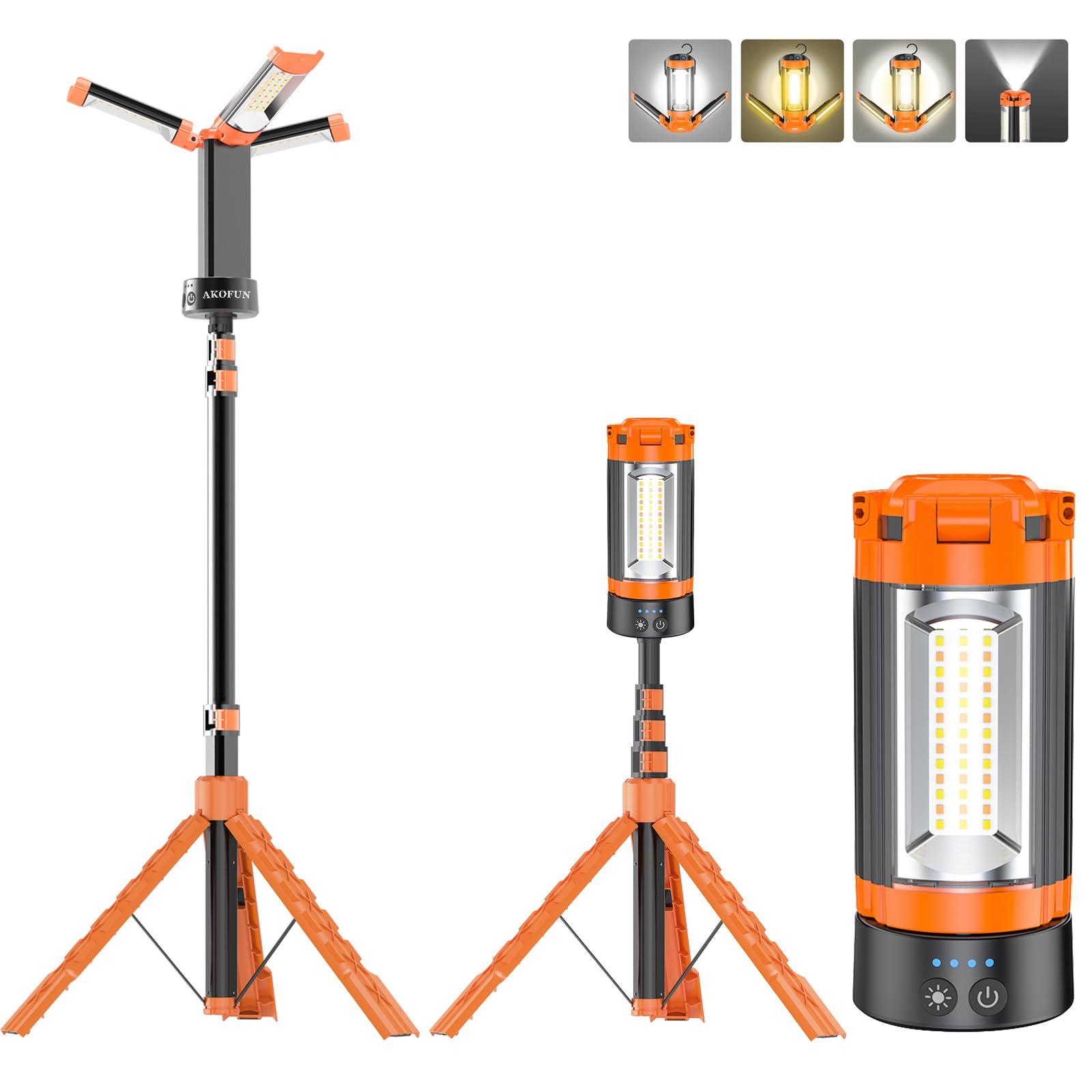 AKOFUN 12000mAh Camping Light with Stand, Rechargeable Work Light, 10000 Lumen Dimmable Cordless Work Light with 3 LED Lamp Head