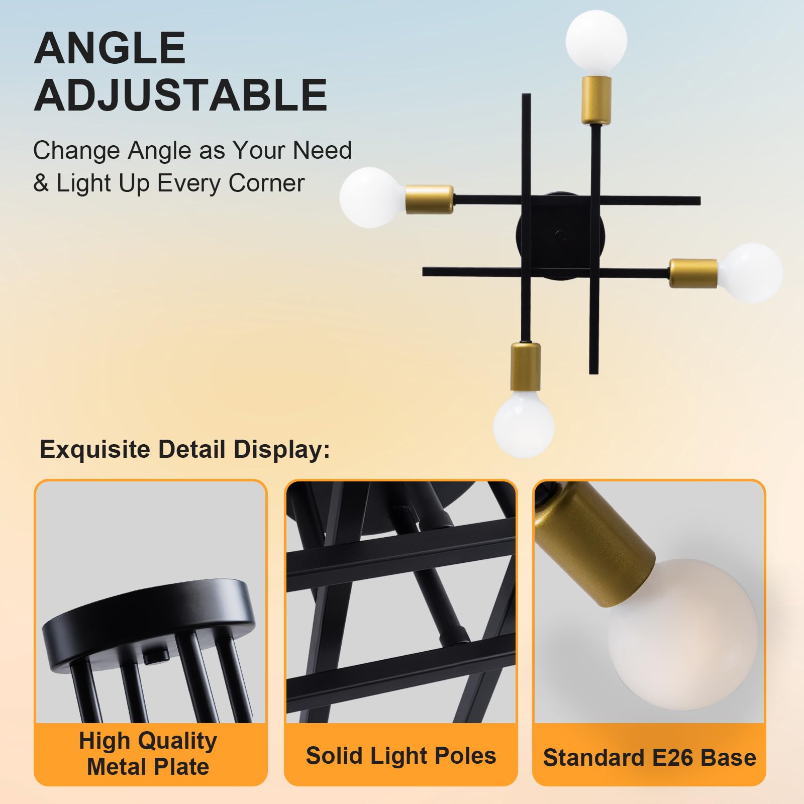 Xingsiyuelyx Modern Black And Gold Sputnik Ceiling Light Fixture,Semi Flush Mount Ceiling Light,Close To Ceiling Light,Chandelie