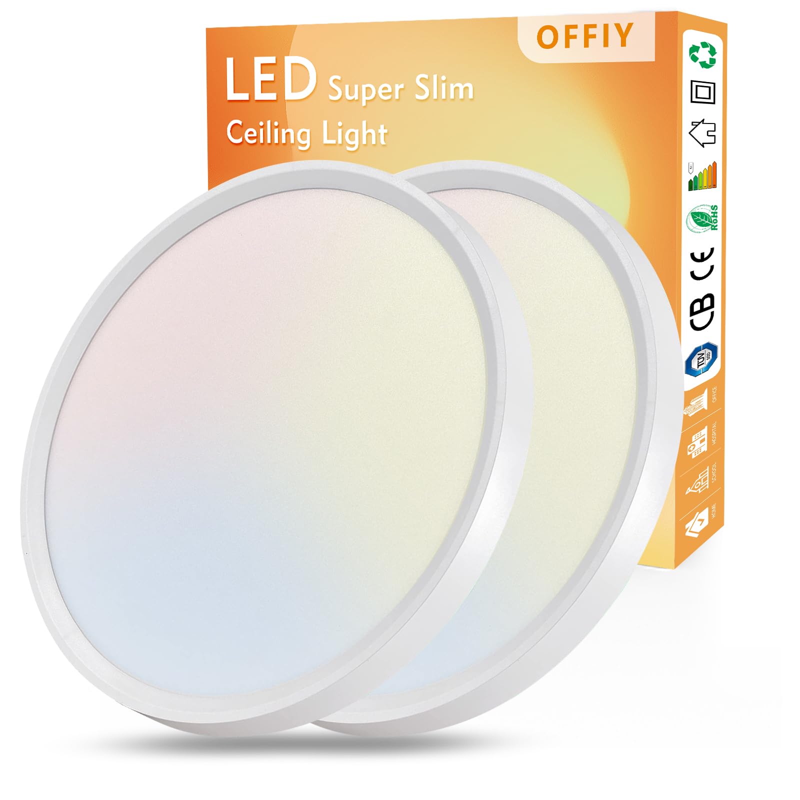 OFFIY 2PK 15.8 Inch Led Ceiling Light Flush Mount, 32W, 3480LM, 3000K/4000K/6000K CCT Selectable Super Slim LED Ceiling Light, C